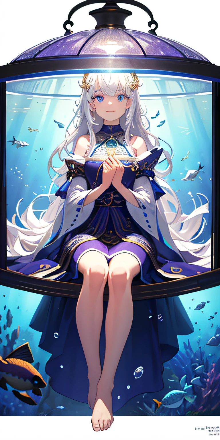 [(Transparent background:1.5)::5],(((Masterpiece))),(((Best quality))),(((Extremely detailed))),illustration, 1girll,Solo,mysterious,vivd colour,Shiny, Underwater transparent sealed hemispherical glass dome, (White hair),(Purple eyes), full bodyesbian,Barefoot,Long hair tranquility nature, Koi,Underwater, Dome,Close up,Dynamic actions,Lens perspective,(((Box composition))),sitting cross-legged，Leaning against the bookshelf, voluminetric lighting, multi colored eyes, Detailed eyes, ultra - detailed,Light smile, Highly detailed, Beautiful, small detailed, Ultra detailed, Best quality, Intricate, 4K, 8K, trending on artstationh, Good anatomy, Beautiful lighting, Award-winning,
