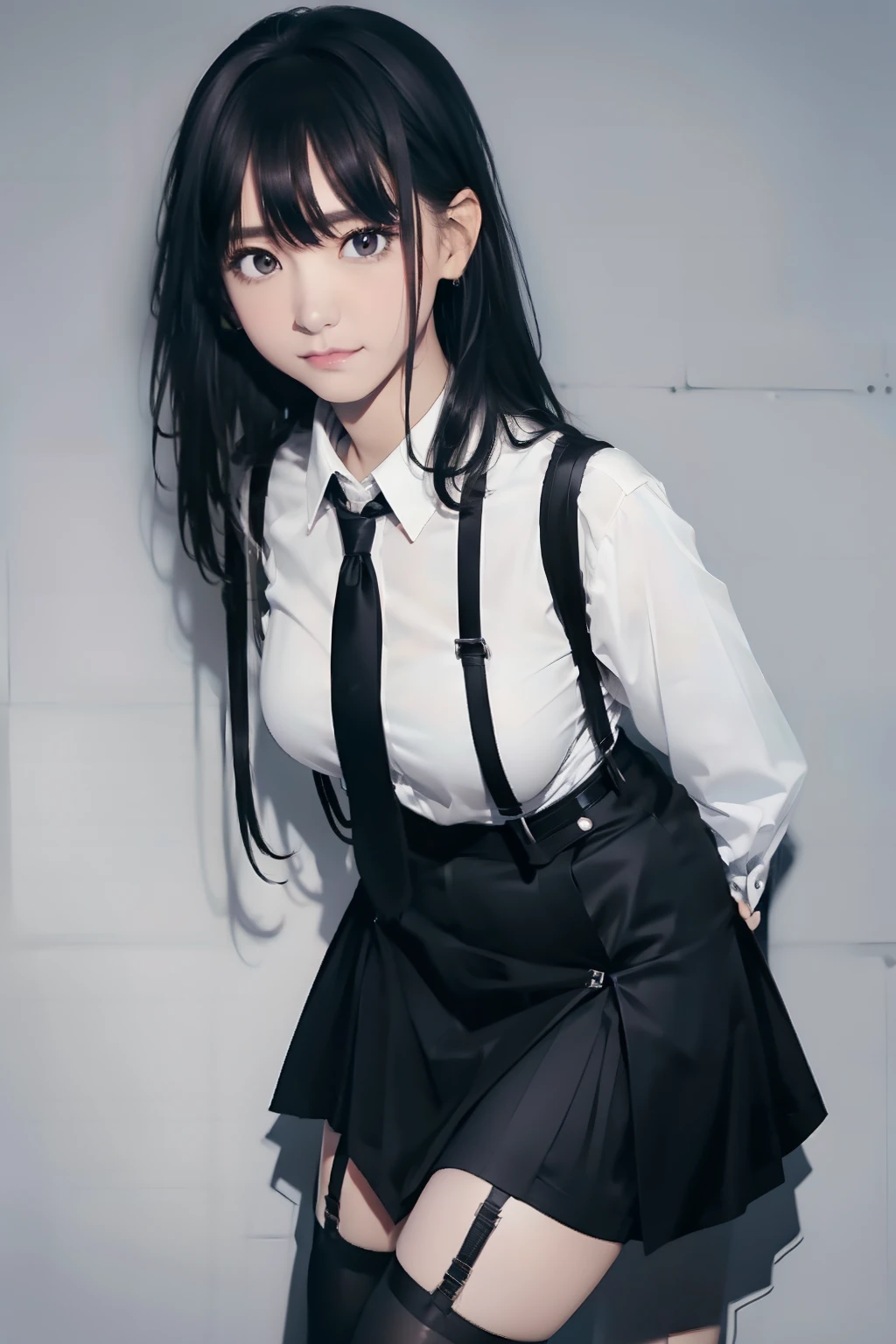 a black skirt, neck tie, Cutter shirt suspenders, Long Black Hair, Gray eyes, holster, Garter belt on the legs, , Big breasts, Pichi Pichi clothes, both sides deadpan Behind
