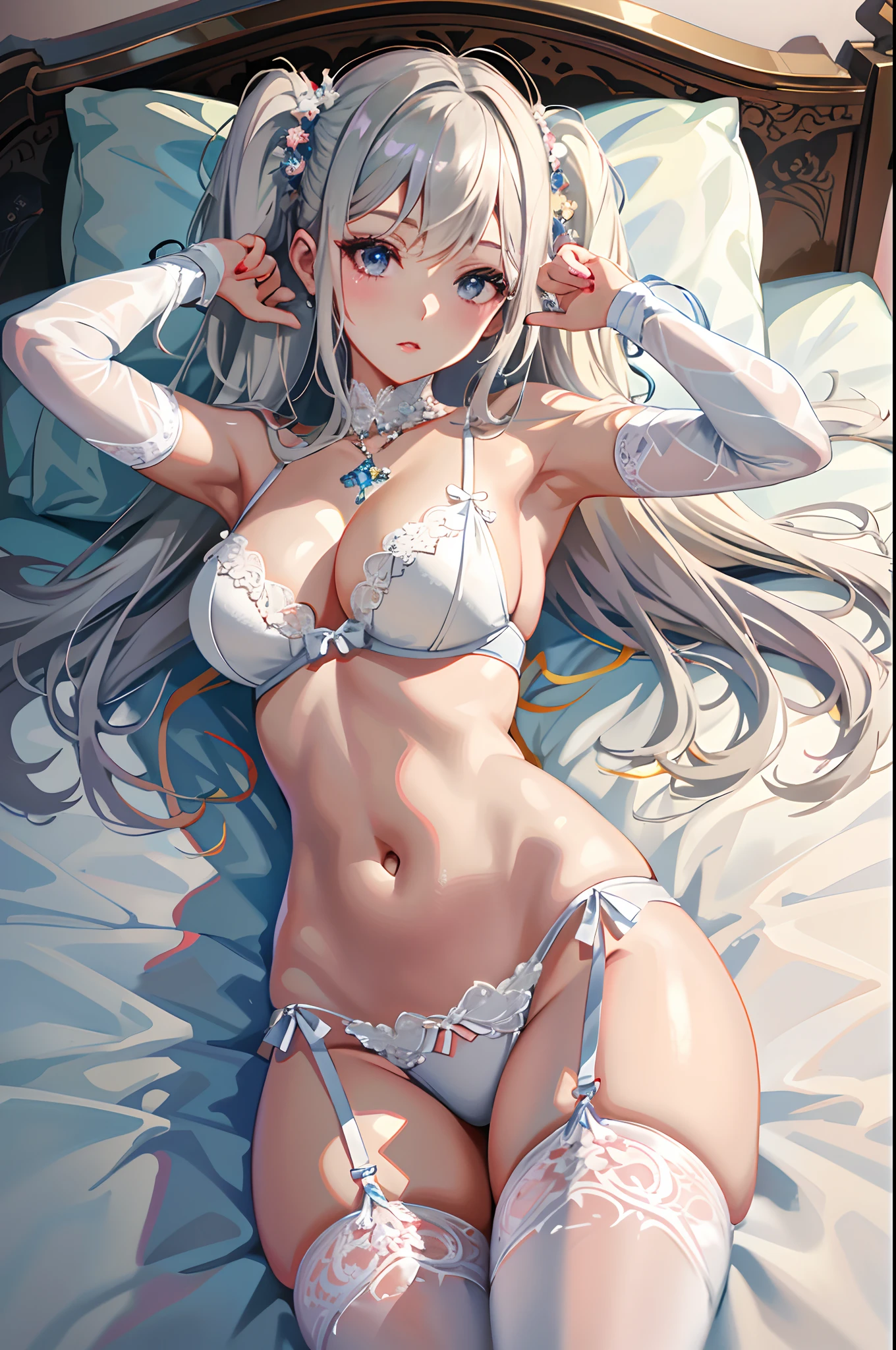 anime - style image of a woman in a lingerie laying on a bed, Seductive Anime Girl, perfect gray hair girl, Beautiful anime girl, beautiful alluring anime woman, shiny white skin, small curvy loli, very detailed Artgerm, guweiz on artstation pixiv, guweiz on pixiv artstation, beautiful alluring anime teen