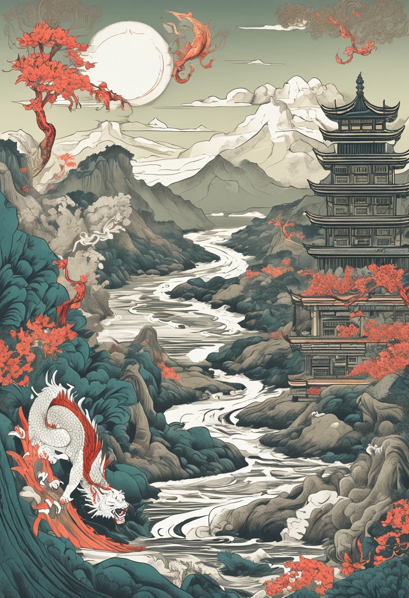 Yamakawa,rios,Sun,Mountain and Sea Lark Scroll,Ancient mythology of the Mountain and Sea Sutra,mythological beasts,Xuanwu,Suzaku,the white tiger,Green Dragon,Shirasawa,Kunpeng,Epic composition,shadowing,National style
