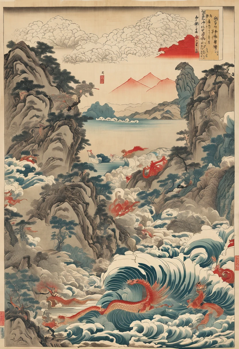 Yamakawa,rios,Sun,Mountain and Sea Lark Scroll,Ancient mythology of the Mountain and Sea Sutra,mythological beasts,Xuanwu,Suzaku,the white tiger,Green Dragon,Shirasawa,Kunpeng,Epic composition,shadowing,National style