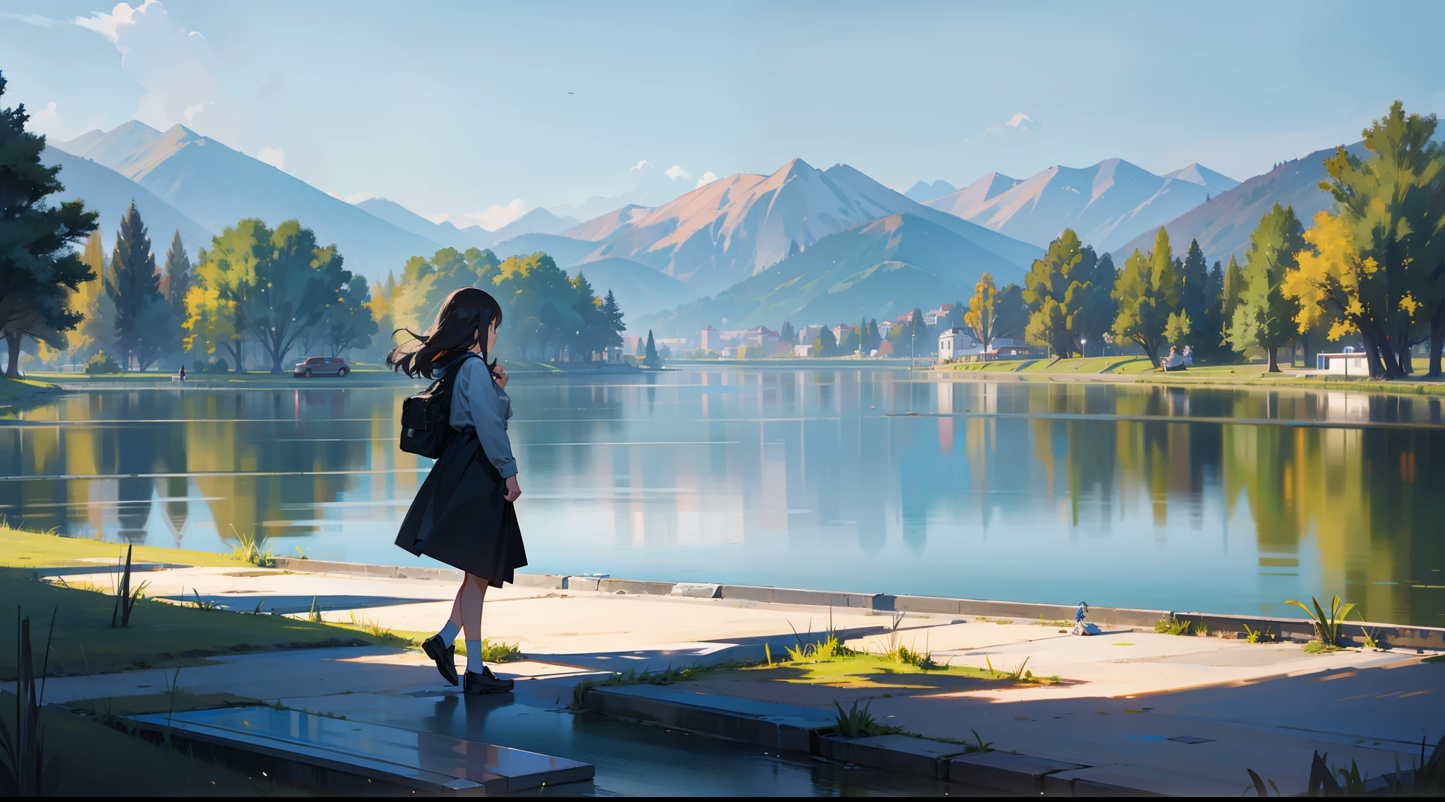 A lovelorn girl walks by the lake in the park