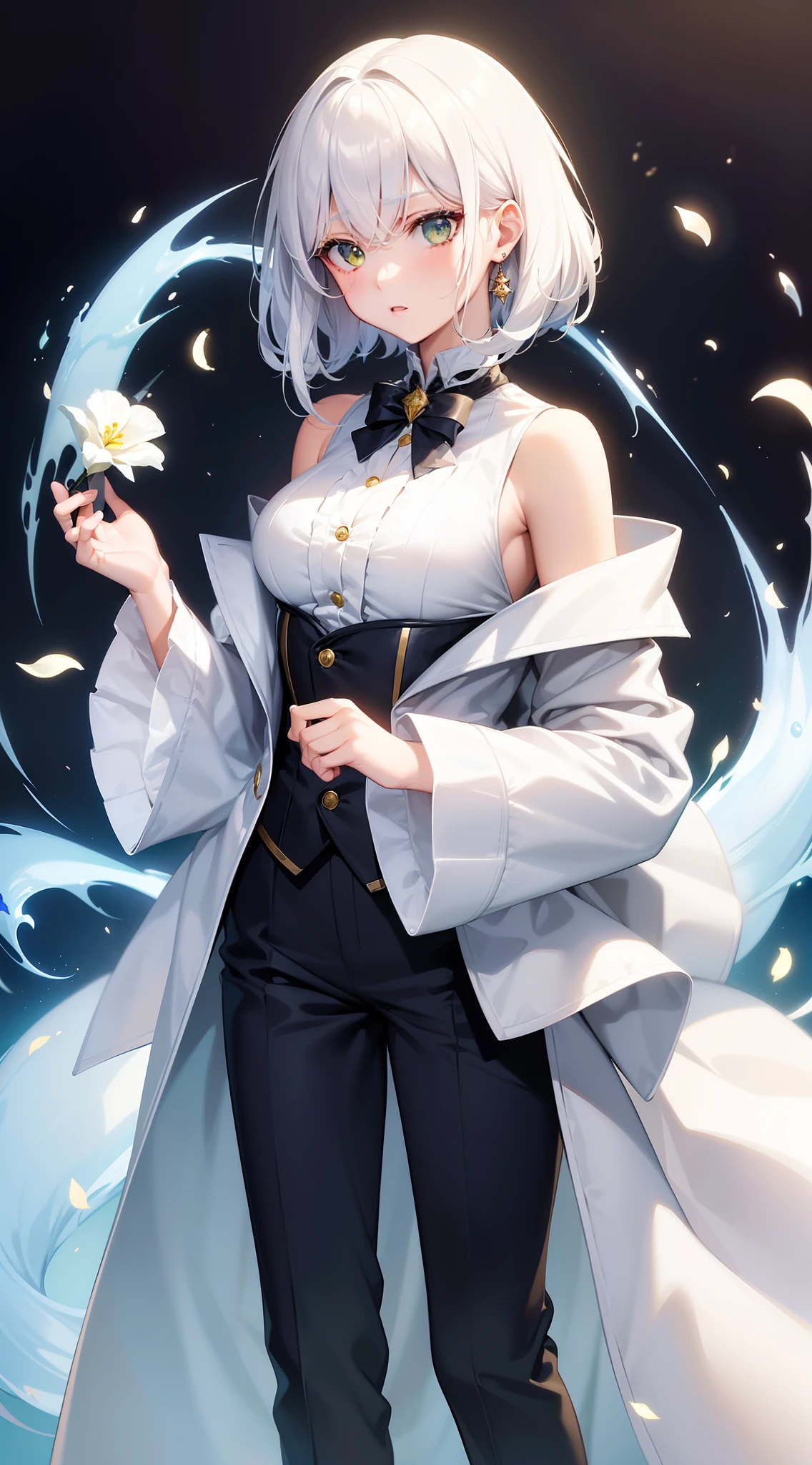 top-quality、high-level image quality、Super delicate、The whole picture、Beautiful girl with fair skin like a doll、White hair、Hair shorter than short shoulders、bright yellow-green eyes、long lashes、big eye、Straight face、Beautiful woman dressed as a man、Blazer Uniform、trouser、small tits、academy
