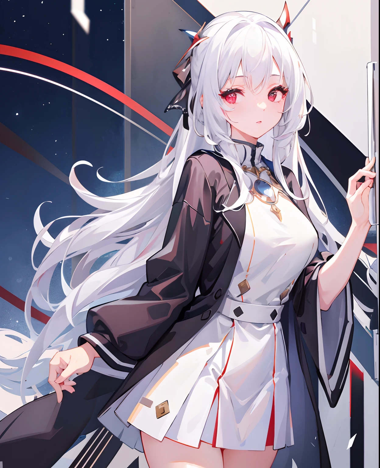 dreamy, (masterpiece), best quality, 1girl, white hair, amazing, beautiful detailed eyes, red eyes, fine details, depth of field, extremely detailed CG, transparent sweater