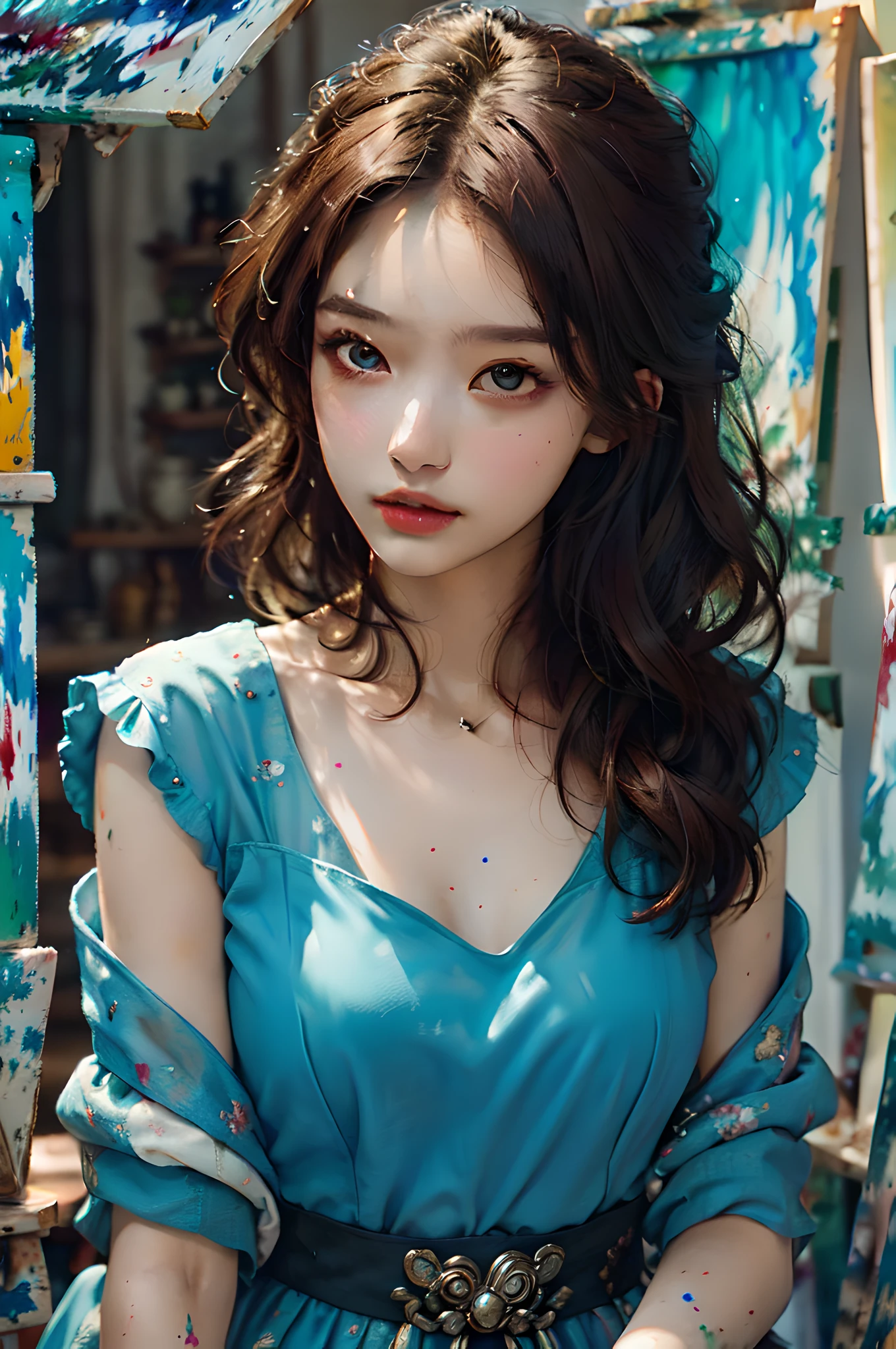 beautiful ginger women in detailed dress at cozy detailed potions shop, air above hair, IPA award wining, masterpiece, made with professional high quality camera, intense contrast, (detailed painting matrix:1.5), perfect colors, perfect setup,