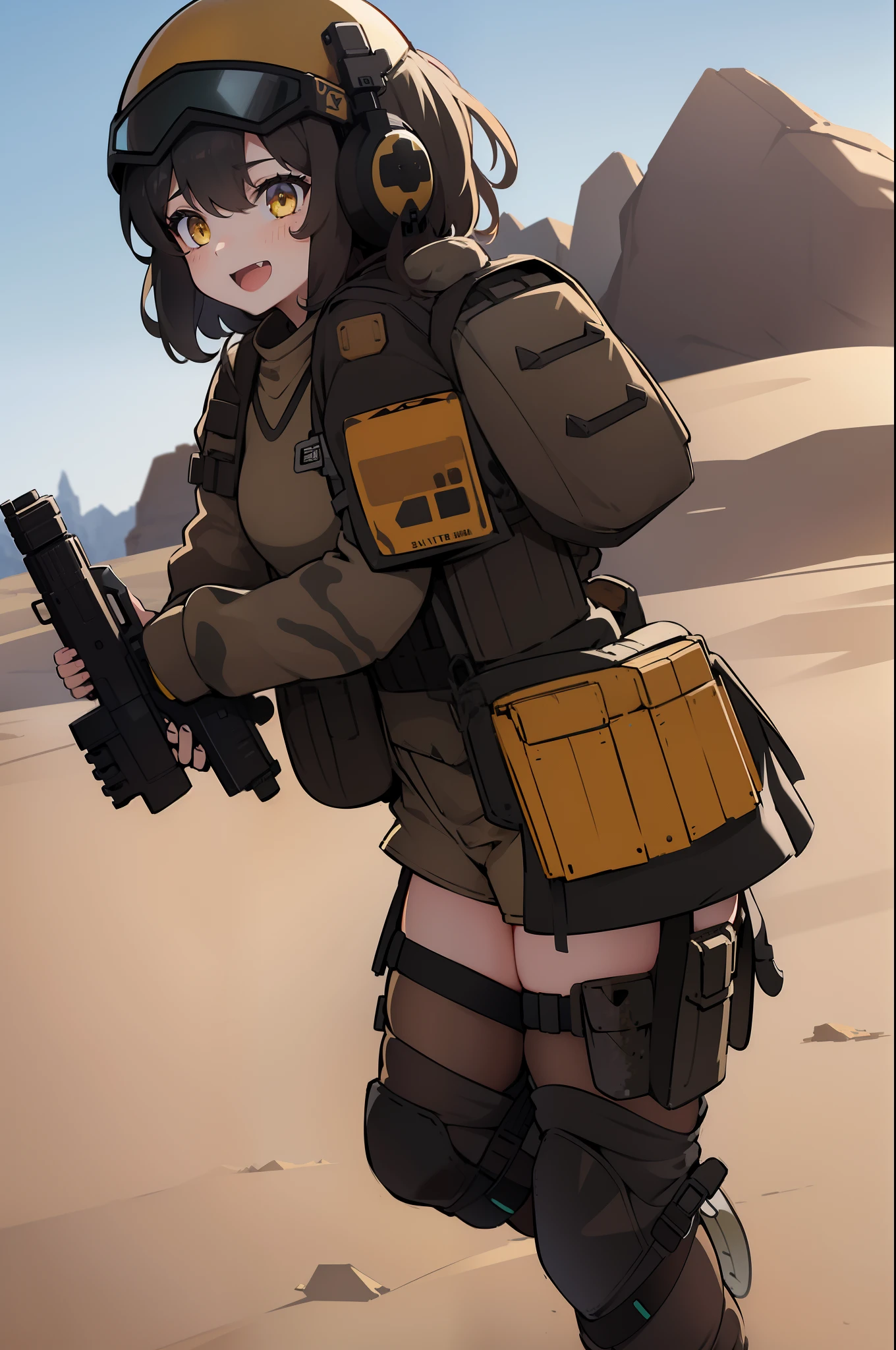 1girl, desert camo helmet, tactical helmet, raised goggles, desert camo, tactical black railed headset, black long messy hair, black hair, white plain tshirt, armored, desert tactical vest, desert camo armor pads, desert camo handgun holster, beige slippers, yellow eyes, smile, happy, excited