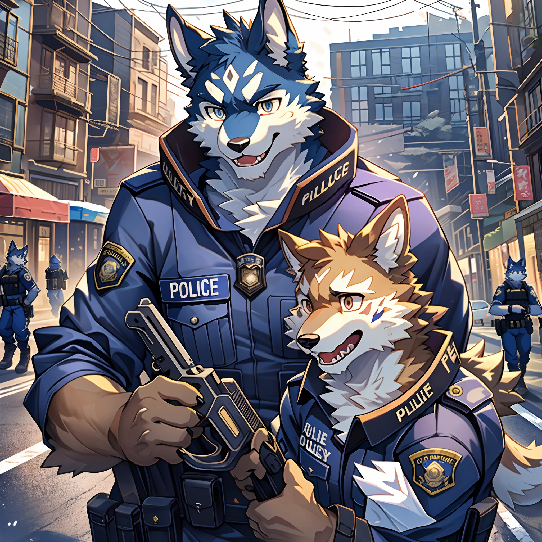 top quality, best quality, highres, masterpiece, super high resolution, detailed background, street, gasping for air(super handsome boys, dog)police officer, swat, police uniform, 6+boys, 6+girls, absurdres(highly detailed beautiful face and eyes)perfect anatomy, good lighting, volumetric lighting, cinematic shadow(kemono, furry anthro),