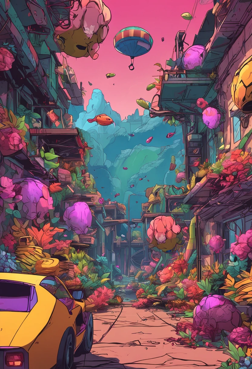 "In the world of video games、Try to generate scenes with vivid graphics and unique motifs like invaders games。"