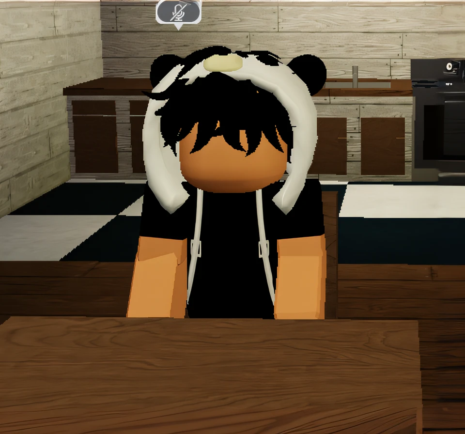 there is a cartoon bear sitting at a table in a room, roblox avatar, roblox screenshot, roblox, in a kitchen, in game, in the kitchen, cooking, sitting at a table, very grainy, in-game, best chef, in - game, chibi, halfbody headshot, chef platypus, restaurant!, cook, danbooru
