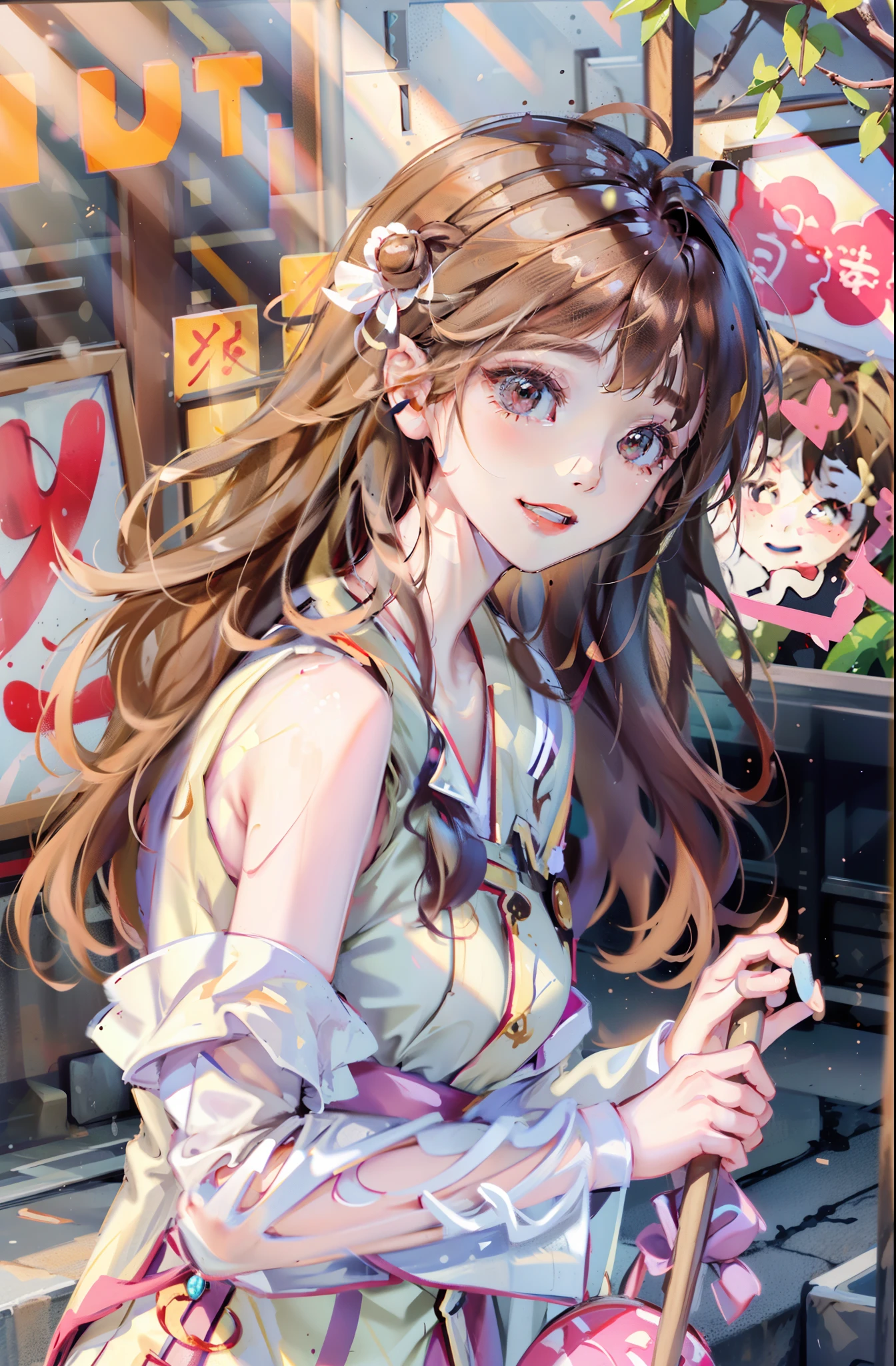 A beautiful girl,Very happy,RAW photos,8K,HighestQuali, 超高分辨率,Beautiful face details,Real human skin,up front view,long whitr hair,realisticlying,realisticlying,adolable,Upper body sunshine child,Smile at me,Brown hair long,Slightly yellowish,Hair is loose and flowing,Wear a pink T-shirt,Cute