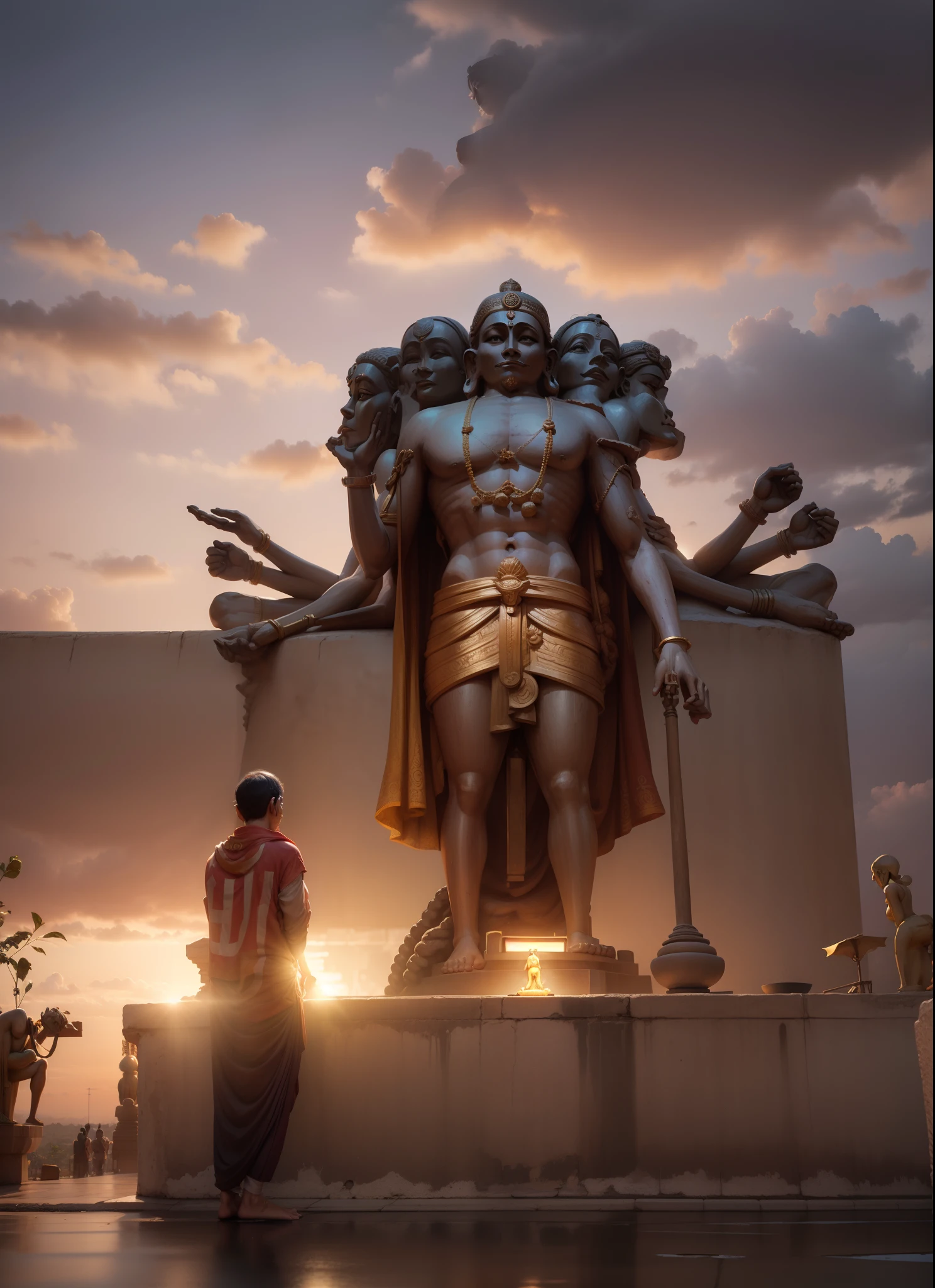 Short hair, behind hanumanji Statue with gadaa and praying for god