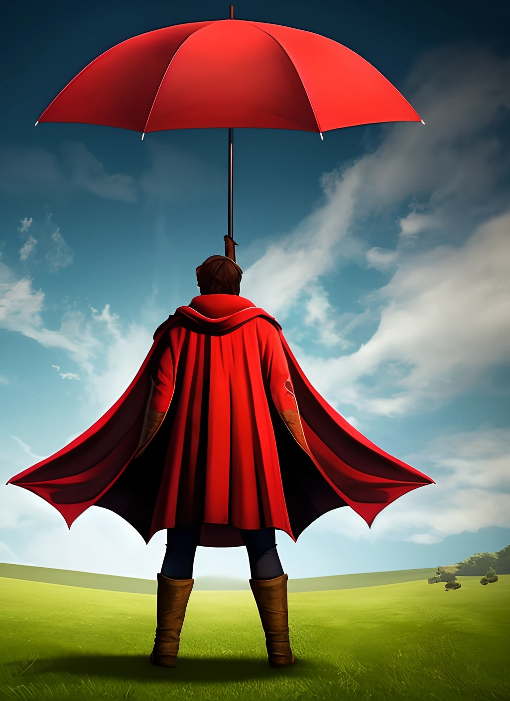 A thief wearing a red cape with an umbrella as a weapon