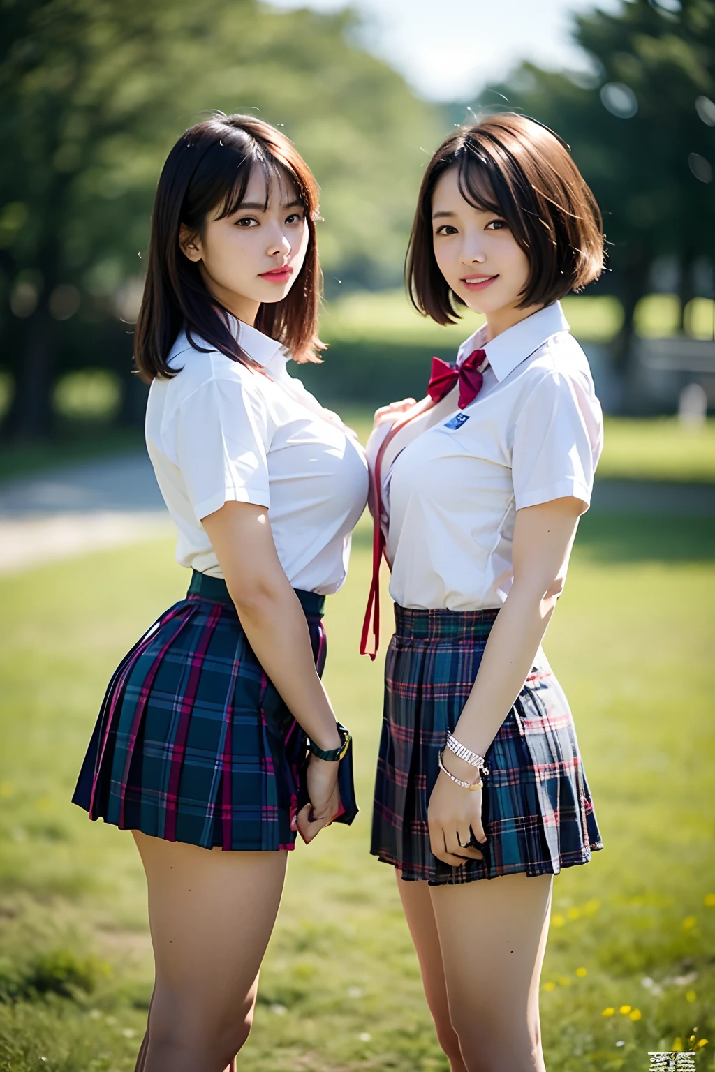 2 girls walinkg in school yard,white shirt over white bikini bottom,plaid bow tie,white over-the-knee socks,18-year-old,bangs,a little smile,thighs,knees,short hair and low pigtails with barrette,from below,front light