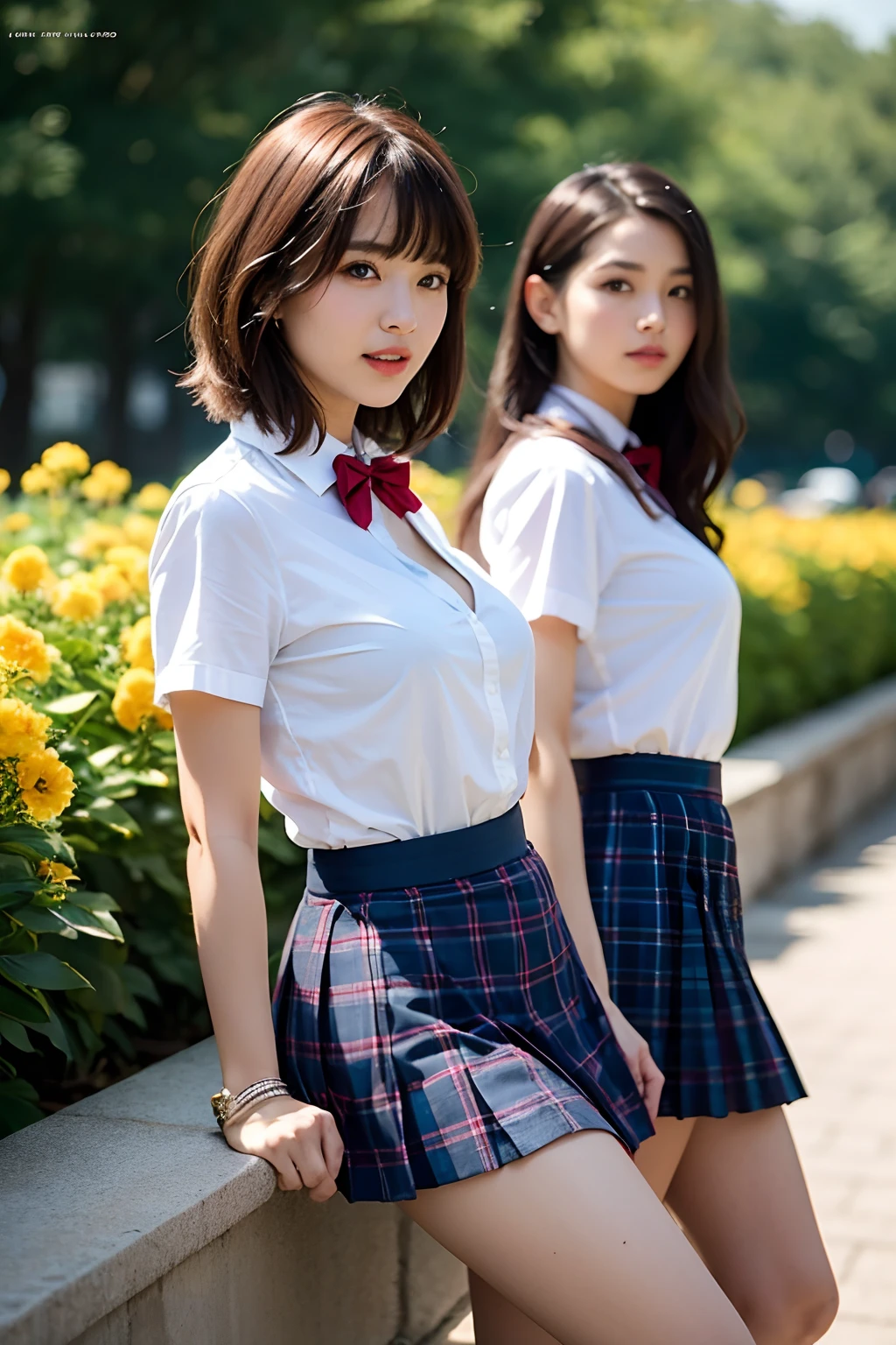 NSFW, 8K Raw photograph, Best quality, Masterpiece, 超高分辨率, filmgrain, filmg, (((Two girls,duo))), view the viewer, Natural skin texture, Realistic eye and face details, full pouty lips, lipstick, (Makeup), Red eyeshadow, Fluffy short hair, Messy hair, Smile, closing the mouth, Beautiful legs, Tall female, Skinny, Slim_Legs, duo, Pose with your hips facing you, Superskirt, hindquarters, shirt, Beautiful natural location, Location around flowers, (Detailed background), plaid skirts, shirt, gigantic cleavage breastsshow a little cleavage through the shirt, Loafer shoes, The background is blurred out, Blurry, Holding, tartan, Short sleeves, JK ribbon on neck, JK ribbon, Brown hair, Bracelet, water, bangs, school uniform, jewelry, parted lip, Lips, From the side Side, Pleated skirt, Depth of field