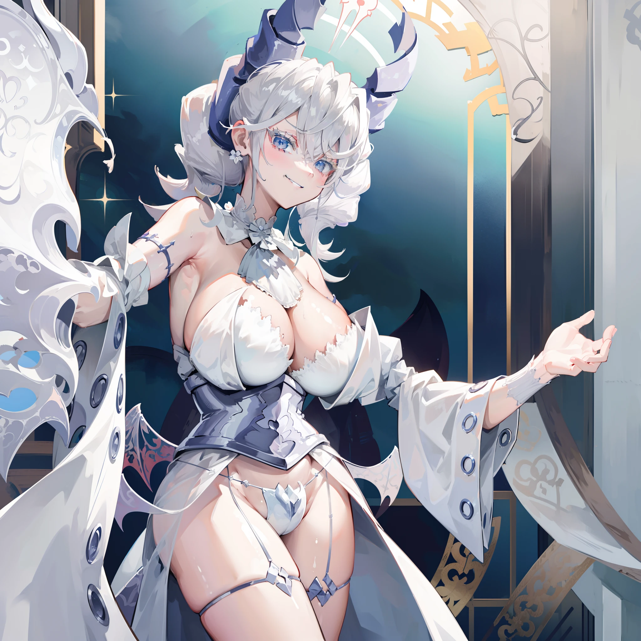 ((masterpiece)), ((Top image quality)), ((Hi-Res)), ((Ultra detailed CG unified 8k wallpaper)), 独奏, 遊戯王!,White hair、Woman in white robes, Seductive Anime Girl, perfect gray hair girl, Chest covered、SFW, white haired god, white hair, troll、(doyagao:1.5),Smirk,(grin),fully body photo,Naughty,with a big chest, (best ratio four finger and one thumb),Chic, (Bat Wings),with large breasts, (bright skin)、White-haired,erotick 、silver castle、borgar、细致背景,sie boob, beautiful alluring anime woman, SFW Nana huge breasts, Nipple erection,White interior、chandeliers、silver castle、 ((extremely delicate and beautiful))