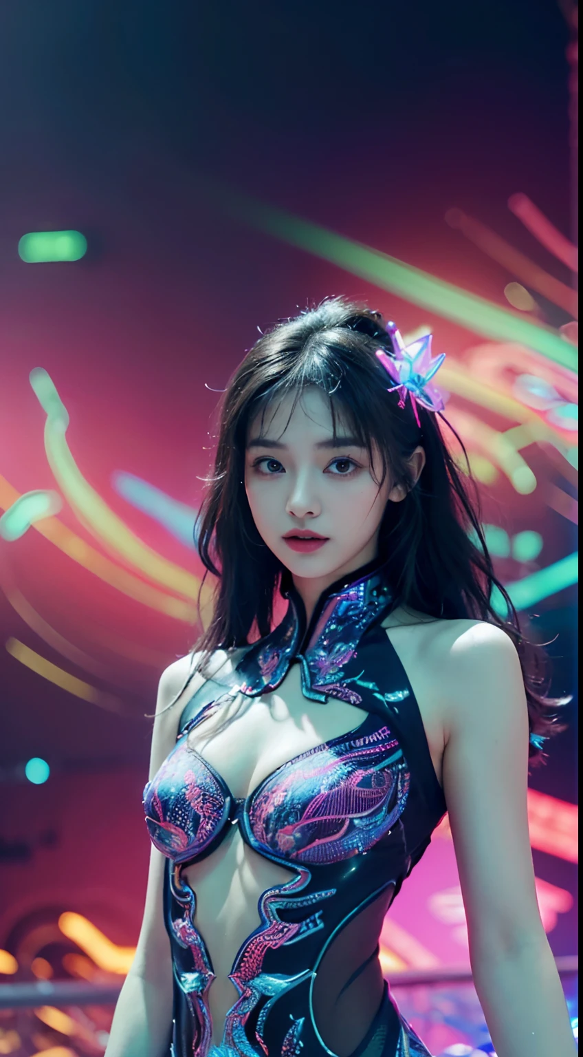 (Masterpiece, Top quality, Best quality, offcial art, Beautiful and aesthetic:1.2), (1girll:1.3), Extremely detailed,(Fractal art:1.2),Colorful,highest details,( Zen neon lights:1.2), (Dynamic pose), (Abstract background neon lights:1.5), (Trident dress:1.2), (Shiny skin), (many color:1.4), Upper body ,neonlight,16k,Full-HD