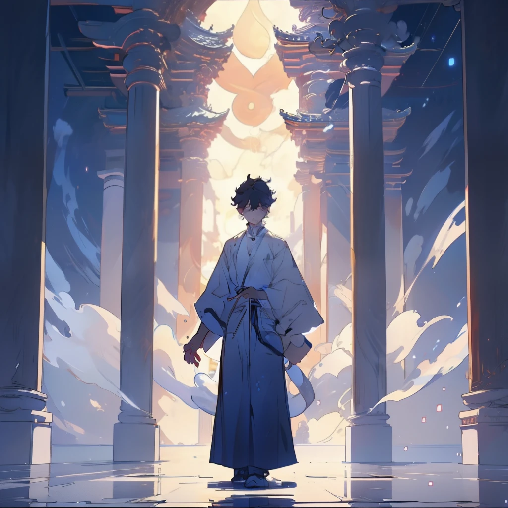 ，（tmasterpiece：1.2），best qualityer，PIXIV，Taoist， A thin boy standing in front of a white pillar of light，cleanness，