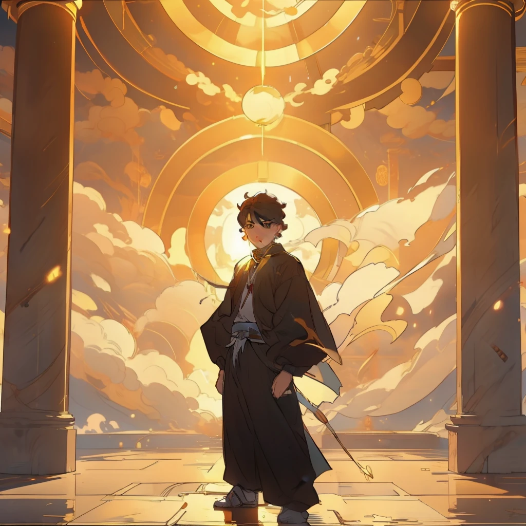 ,(tmasterpiece:1.2),best qualityer,PIXIV,Taoist, A boy standing in front of a yellow pillar of light,cleanness,