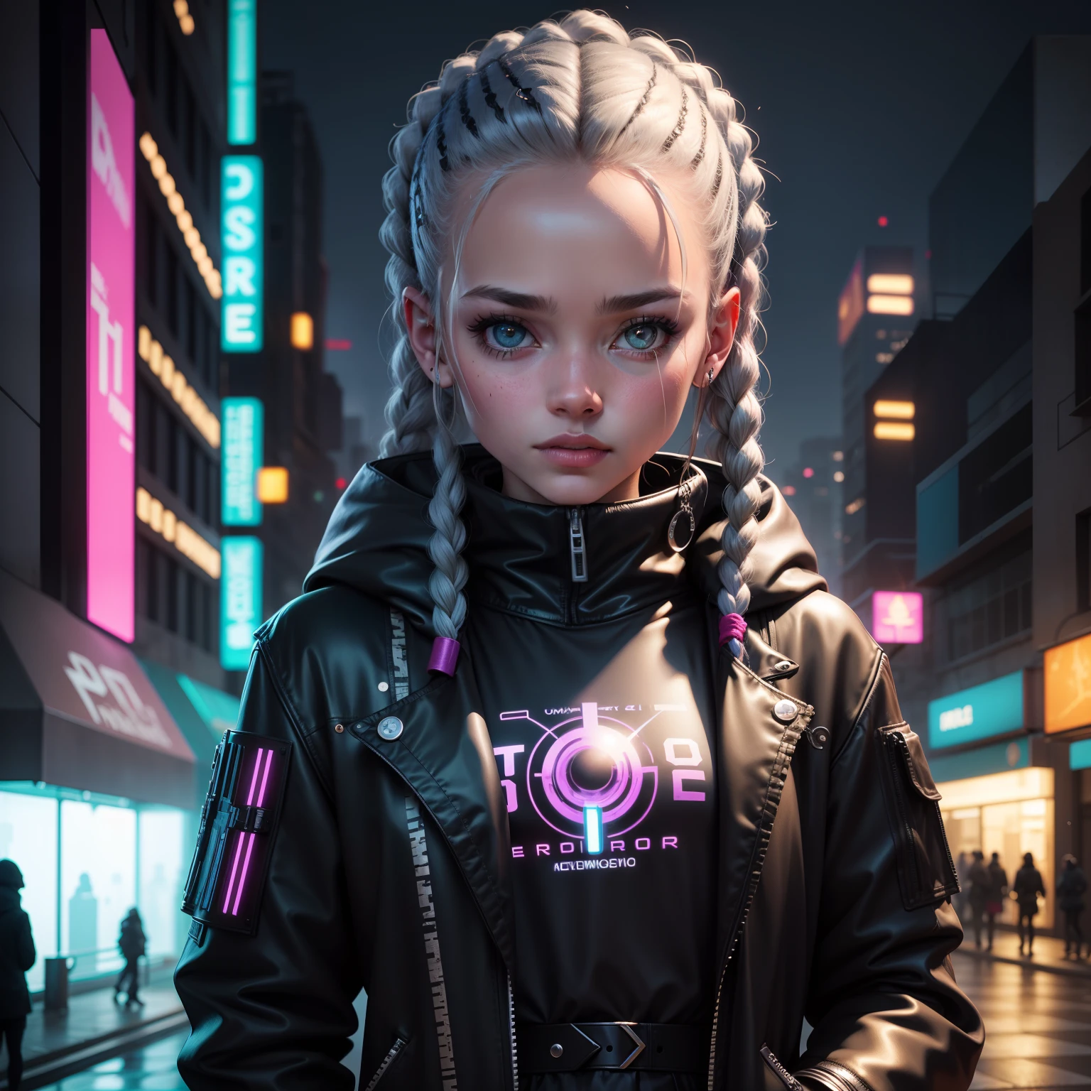 Uma perferta cyberpunk, with platinum and braided hair, olhos vermelho, com reflexo amarelo, uma luz de fundo, com uma jaqueta de frio preta com detalhes de neon, realistic cinematic image, imagem intrigante, detalhes 8k full hd, super detalhes