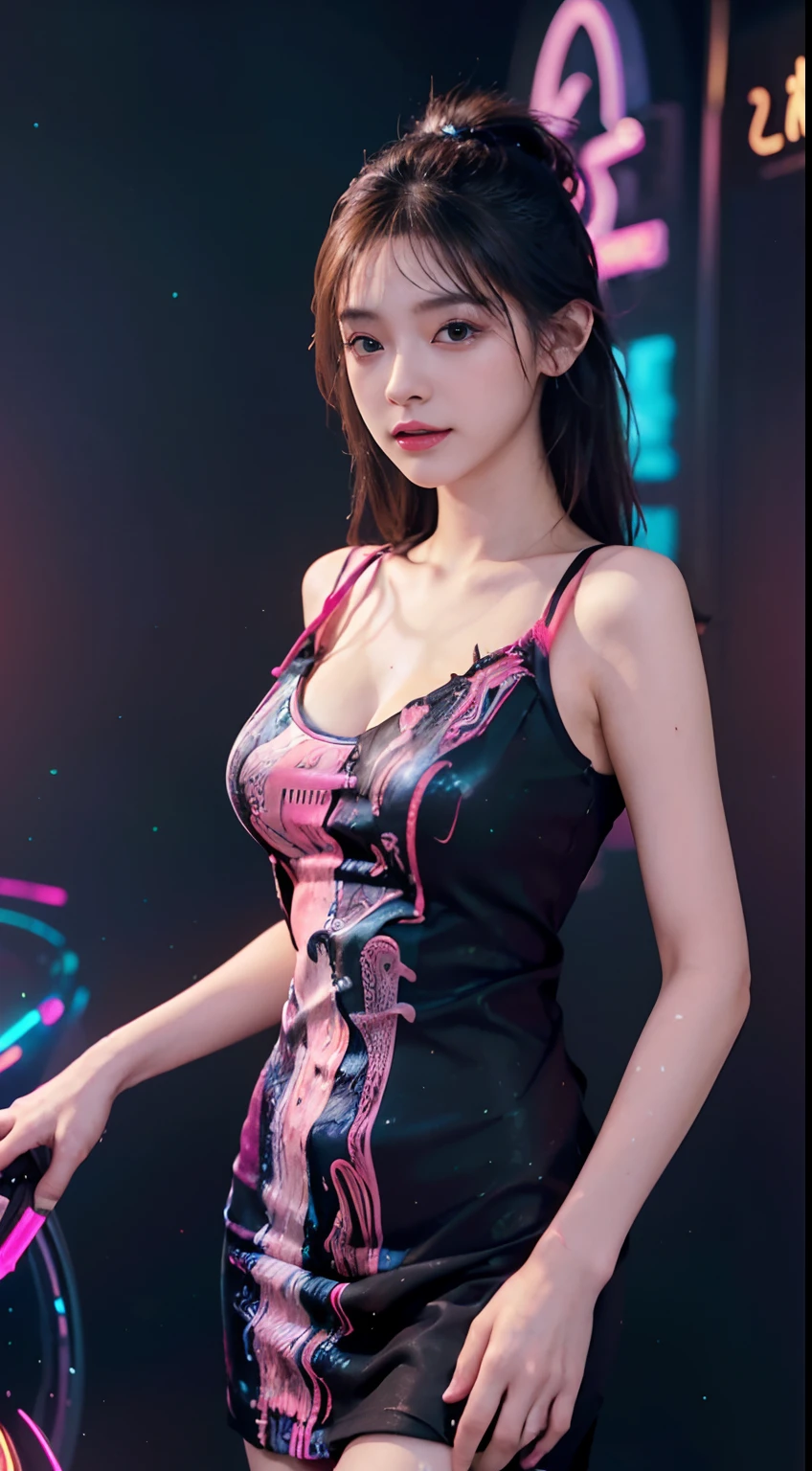 (Masterpiece, Top quality, Best quality, offcial art, Beautiful and aesthetic:1.2), (1girll:1.3), Extremely detailed,(Fractal art:1.2),Colorful,highest details,( Zen neon:1.2), (Dynamic pose), (Abstract background neon lights:1.5), (Trident dress:1.2), (Shiny skin), (many color:1.4), Upper body ,neonlight,16k,Full-HD