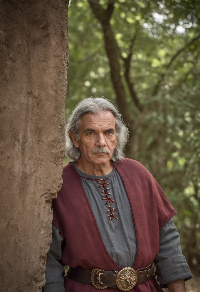 fotografia de retrato, foto de rosto de uma mistura entre um padre e um treinador pokemon de 50 anos, Enrugada, olhares revoltantes, Cabelo curto de sal e pimenta, cavanhaque, Serious expression, roupas de pastor de fantasia medieval, em um campo medieval, The colors are masterfully captured by the Nikon D850 and a Nikon AF-S NIKKOR 70-200mm f/2.Lente 8E FL ED VR, Pedro Jackson, fantasia, Historical