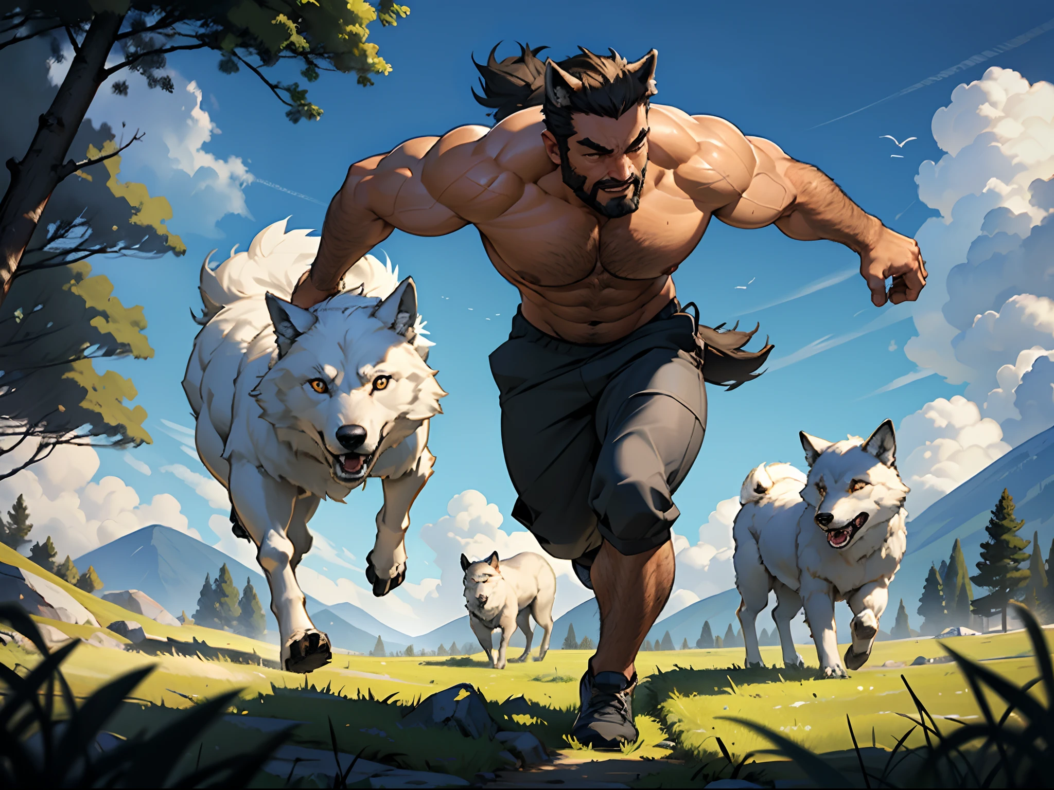 30 years old, male, fully naked, stubble, huge muscles, mature man, muscle swelling, bodybuilding, chest muscles, abs, natural light, wheat-colored skin, 1man, wolverine, naked, wolf man, predator and prey, hunting, running through an open field, side view, a wolf as a pet, man has wolf ears, side view showing the full body, wolf cub is following the man, wide-angle shot, best quality, highly detailed, chasing sheeps, scared sheeps