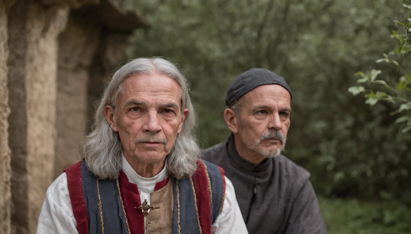 fotografia de retrato, foto de rosto de uma mistura entre um padre e um treinador pokemon de 50 anos, Enrugada, olhares revoltantes, Cabelo curto de sal e pimenta, cavanhaque, Serious expression, roupas de pastor de fantasia medieval, em um campo medieval, The colors are masterfully captured by the Nikon D850 and a Nikon AF-S NIKKOR 70-200mm f/2.Lente 8E FL ED VR, Pedro Jackson, fantasia, Historical