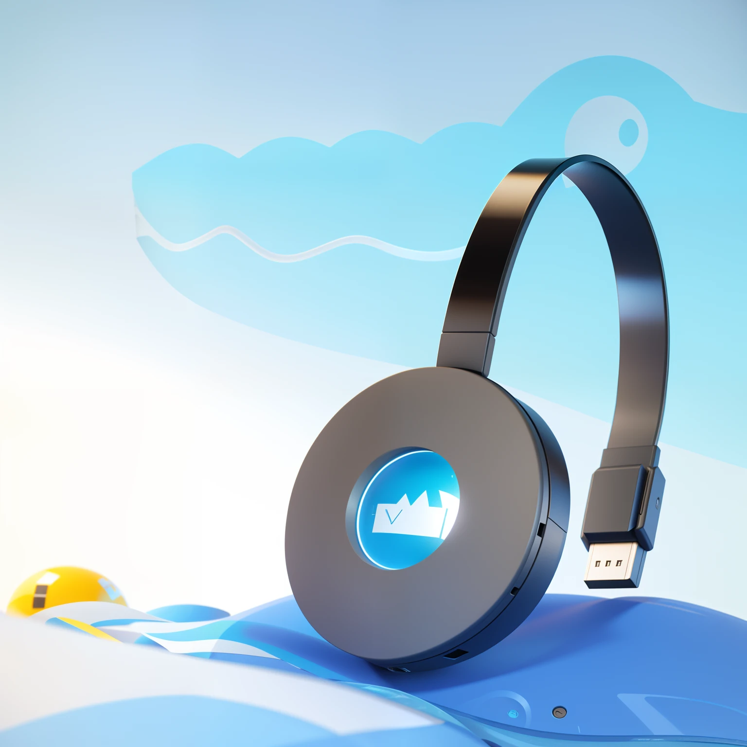 There is a black cable connected to the blue and white devices, floating headsets, depicted as a 3 d render, with headphone, sleek waterproof design, sleek cool waterproof design, Stylized digital illustration, computer generated, headset on head, very stylized, rendered in keyshot, lofi technology, 3D illustration, 3 D 插图, rendered in cinema 4 d