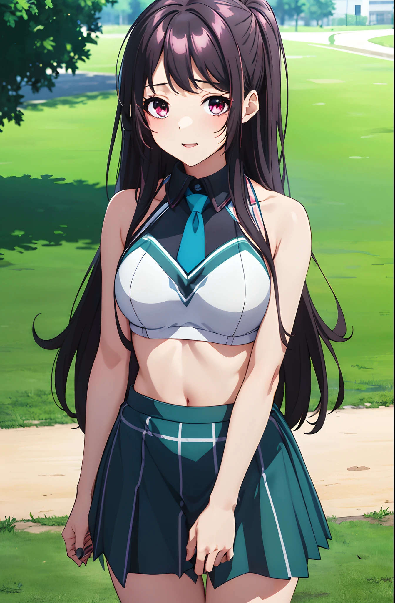 KaoriHojo, GIRL, (Masterpiece: 1.1), (Best Quality: 1.1), Upper Body Bikini, (White Bikini: 1.1), (Plaid Skirt: 1.1), High Waist Skirt, Blake [Green Grass: Pink, :0.5] Themed, (Urban Background: 1.1), Denim Lenses, Blake Silver, Long, Green Eye, Landscape,