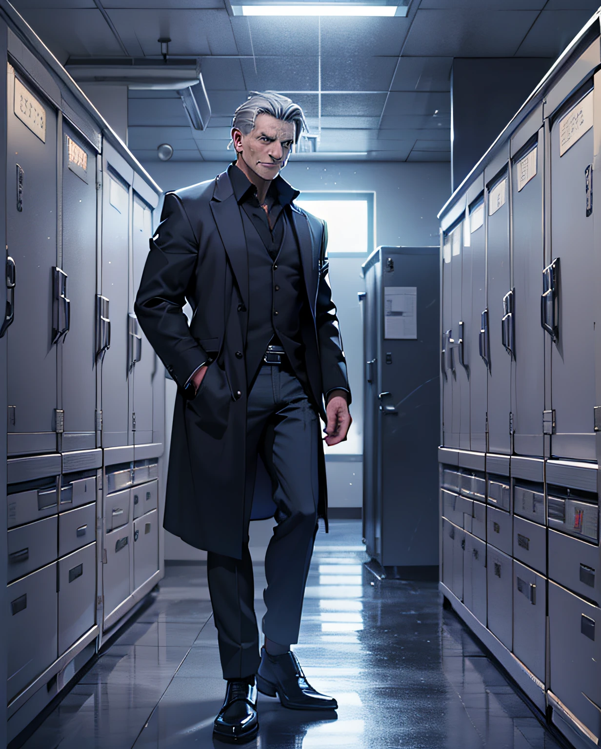 (extremely detailed 8k wallpaper), dark theme, Vampire the Masquerade, modern horror, 2020s, middle-aged man, wearing white private morgue lab coat, sharp focus, (subsurface scattering:1.1), award-winning photograph, centered face, (Liam Neeson's face), (((a Hecata vampire)))), seen from the side, profile shot, full body shot:1.1, gray hair, supernatural blue eyes,  serious expression, inside the morgue room, next to the autopsy table, dramatic lighting