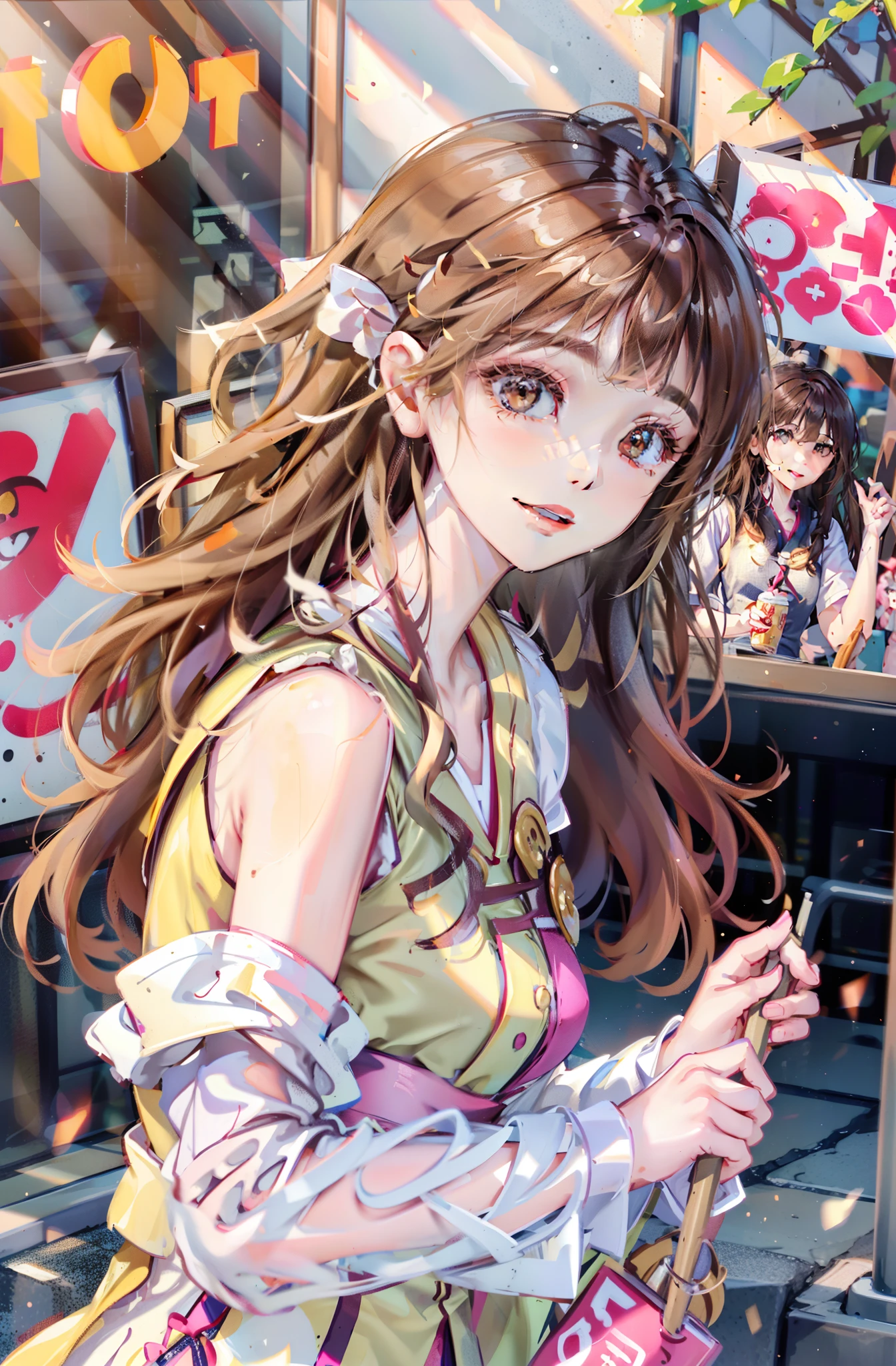 A beautiful girl,Very happy,RAW photos,8K,HighestQuali, 超高分辨率,Beautiful face details,Real human skin,up front view,long whitr hair,realisticlying,realisticlying,adolable,Upper body sunshine child,Smile at me,Brown hair long,Slightly yellowish,Hair is loose and flowing,Wear a pink T-shirt,Cute
