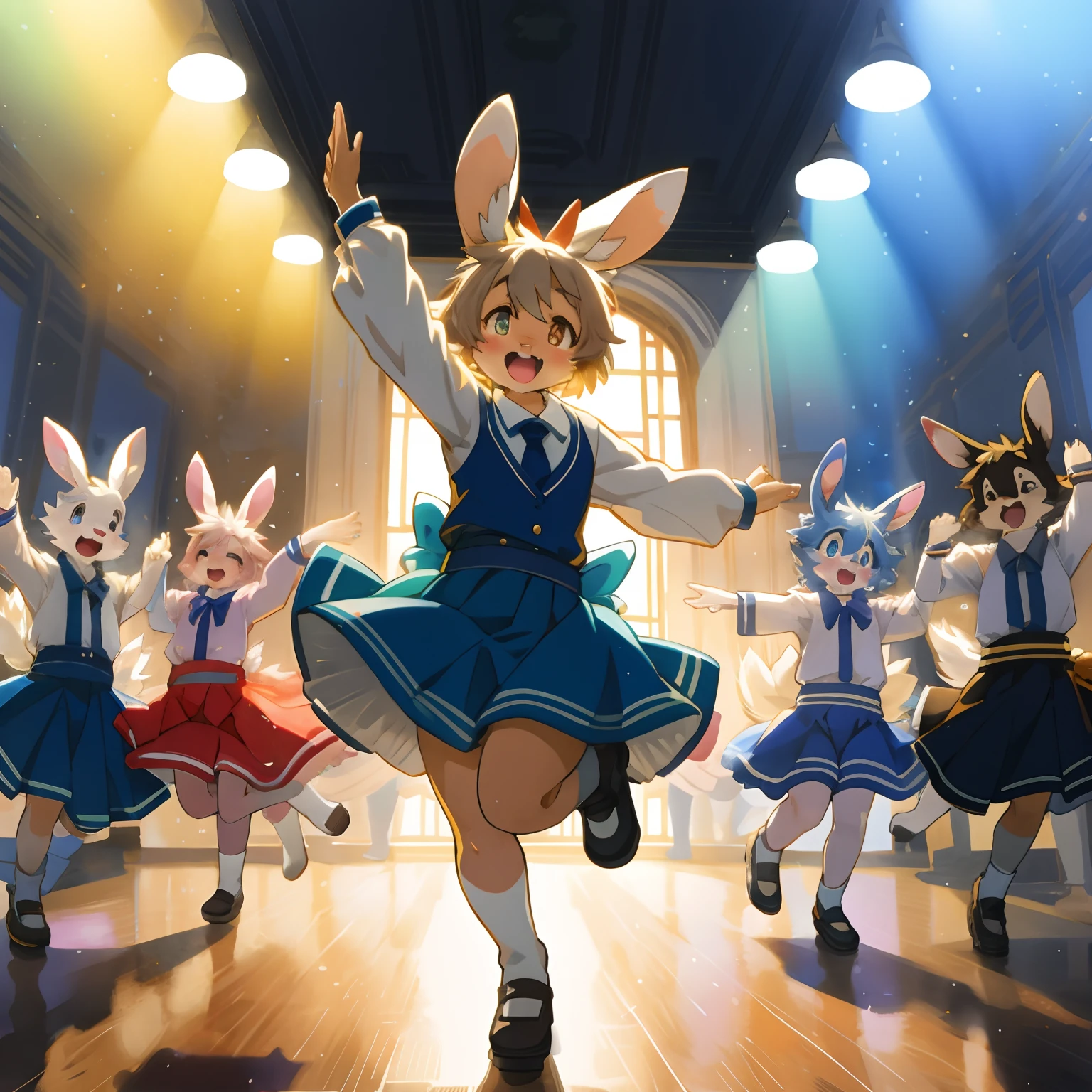 top quality, best quality, highres, masterpiece, super high resolution, detailed background(super cute rabit)audition scenes for the movie "Flashdance", dancing, flowing colorful ribbon, jumping, joyful smile, 6+boys, 6+girls, absurdres(highly detailed beautiful face and eyes)perfect anatomy, volumetric lighting, good lighting, cinematic shadow(kemono, rabit, furry anthro),