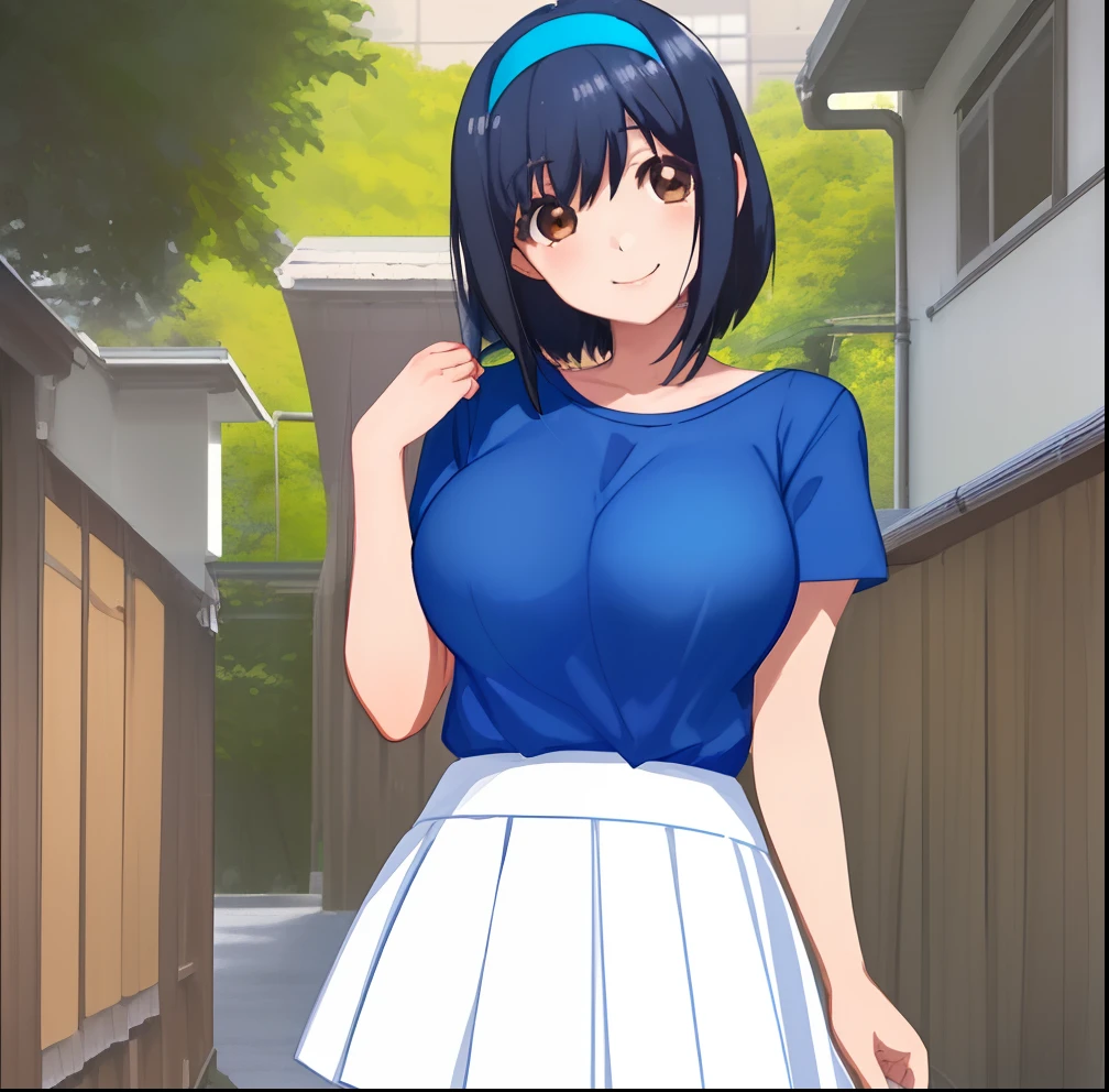 1girl, inspired by Tomo Yamanobe, shoulder-length black hair, blue hairband, large breasts G cup, wears blue shirt, white skirt, mother, brown eyes, smile, happy, lovely and beautiful