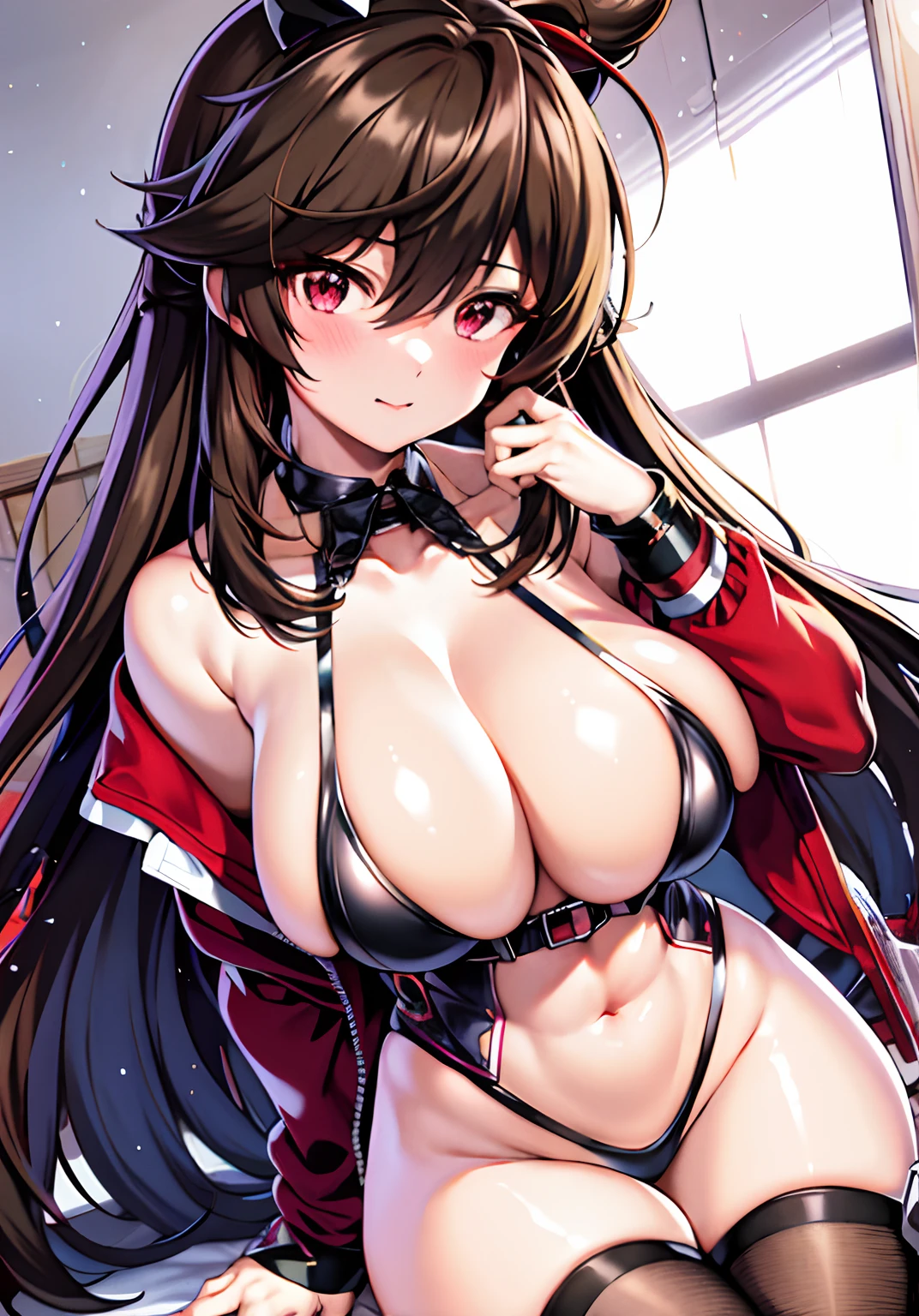 Anime girl with room in red jacket and black stockings, seductive anime girls, oppai, tohsaka-rin, Big breasts!, Anime moe art style, biomechanical oppai, an oppai cyberpunk, pixiv 3dcg, Big breasts!!, Oppein Proportions, eechi, the breasts are large, small curvaceous loli, breasts covered and sfw，Abs，Pubic hair exposed