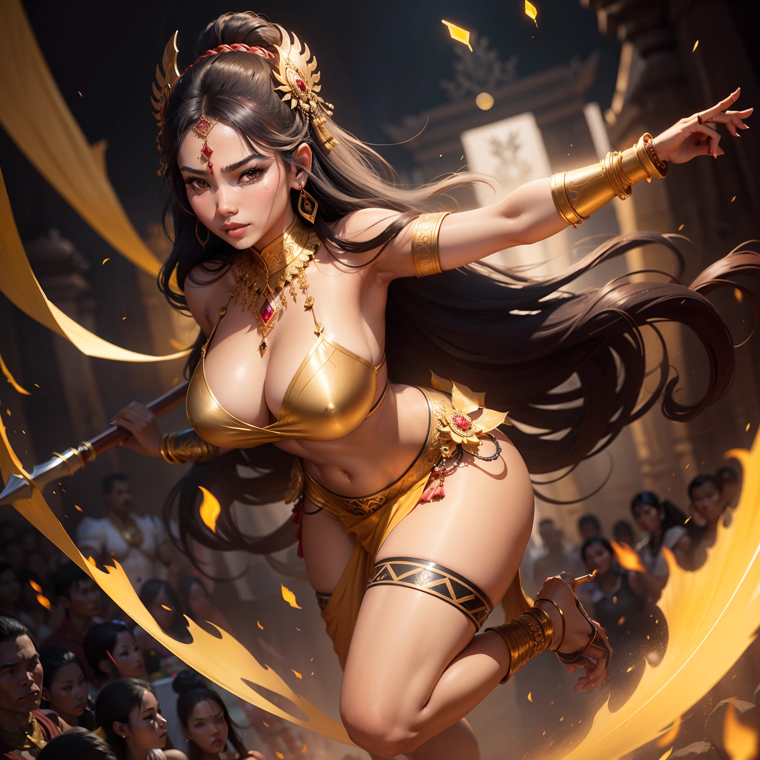 Female Khmer warrior, long black hair, dark brown tanned, Armour on, bangles, Angkor temple, full body, holding weapon, sexy tied hair up, crowd on the head, wearing jewelry, Sak yant tattoos on the arm, curvy body, wear white, red and gold sarong outfits, dark skinned, cute face, big lips, Diamond shape faces, wide nice nose, defined features on the face, apsara jewelry on