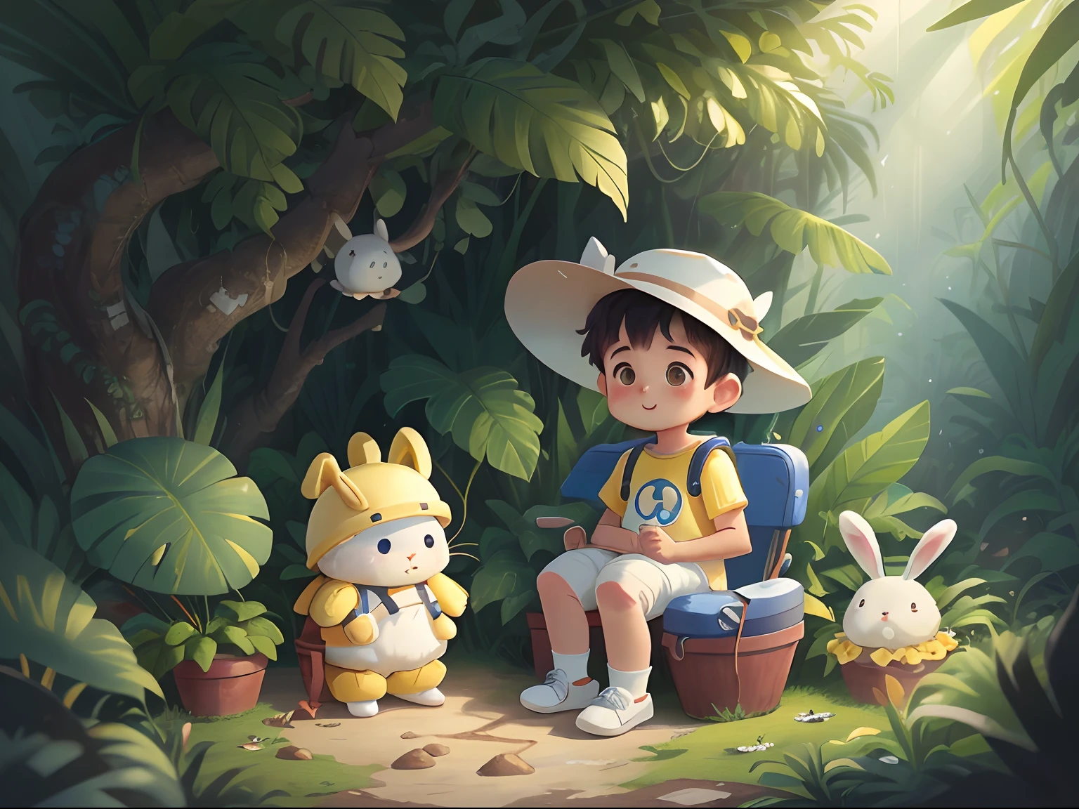 cute  boy wearing yellow Bucket Hats , white shirt and blue shorts seating beside 2 very big giant fluffy white rabbit, in the fantasy jungle, cinematic,