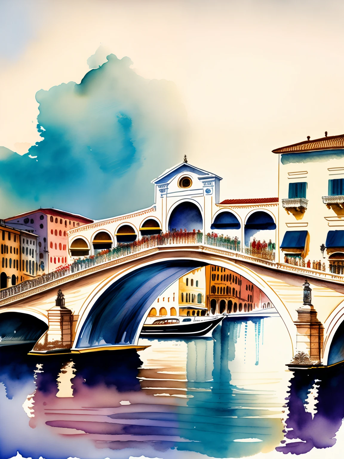 Rialto Bridge,Line drawings,a color,Flat coating,vectorial art,watercolour painting style,The colors are colorful