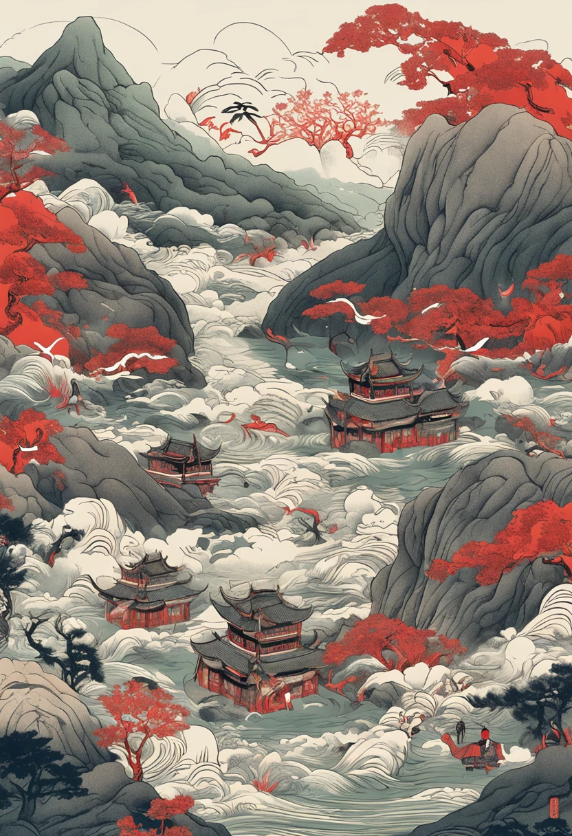Mountains and rivers,The red sun shines,The mysterious Mountain and Sea Lark Scroll,The mythical beasts of ancient mythology all appeared,Xuanwu、Suzaku、the white tiger、Green Dragon、Shirasawa、Kunpeng、Golden Crow、Bi Fang、chaos、gourmand、Poor odd、Unicorn,It makes up an epic picture,The shadows outline the mysterious atmosphere of the national style。