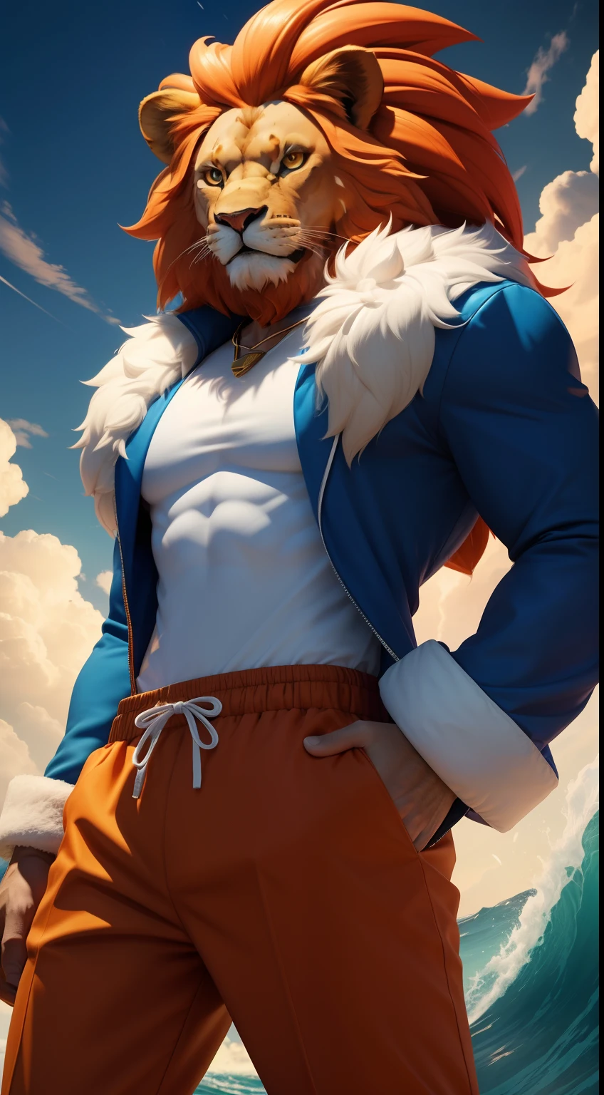 Create a Cartoon Network-style illustration of the anthropomorphic lion fused with Sonic, standing front-facing and full-length to showcase his agility and charisma. The lion's mane presents multicolored tones, with violets, yellows and reds, blue, orange, which waves with the wind. Slim-fit sportswear, including a jacket and pants in the same shades, adds dynamism to the composition. His red eyes, intense and sure, capture the essence of the lion. His demeanor combines lion-like relaxation with Sonic's trademark determination. ((In the background, there is white)). Details such as fur texture, clothing folds, and facial subtleties must be meticulously recreated. All of this is captured in astonishing fidelity using the Fujifilm GFX 100 Medium camera, BSI CMOS format in HDR, UHD, 64K quality, to deliver a Cartoon Network-style rendering of the fused character.