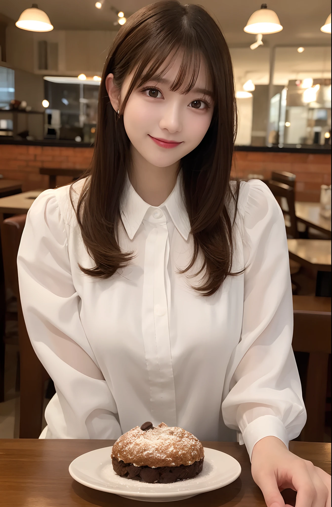 masutepiece, Best Quality, Illustration, Ultra-detailed, finely detail, hight resolution, 8K Wallpaper, Perfect dynamic composition, 1 beautiful girl, Beautiful detailed eyes, girly blouse, Medium Hair, normal breasts, Natural Color Lip, Random Poses, Smile, open mouth:0.8, Snazzy cafe, 20 years girl, sit, a chocolate parfait on the table,