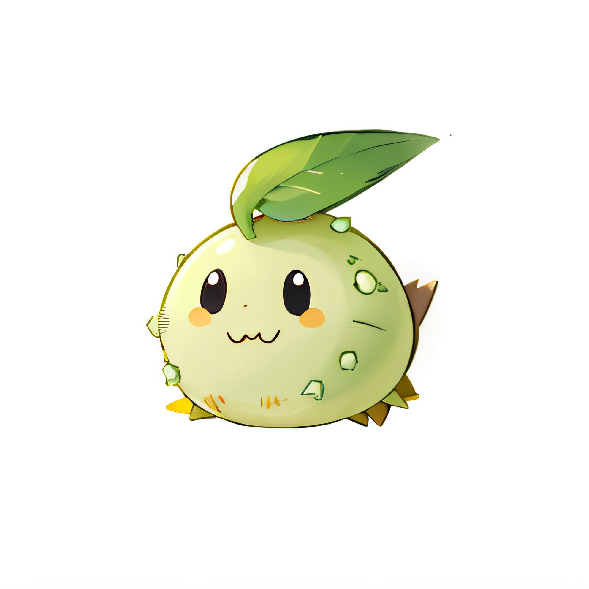 There is a yellow apple,There is a green leaf on it, new pokemon, ocatne render, yoshitaka, style of cute pokemon, gelbooru, anorld render, bread type pokemon, earth type pokemon, ken sugimori art, bulbapedia, similar to pokemon, slimy shiny reflective joy, offcial art, spike shell, mimikyu
