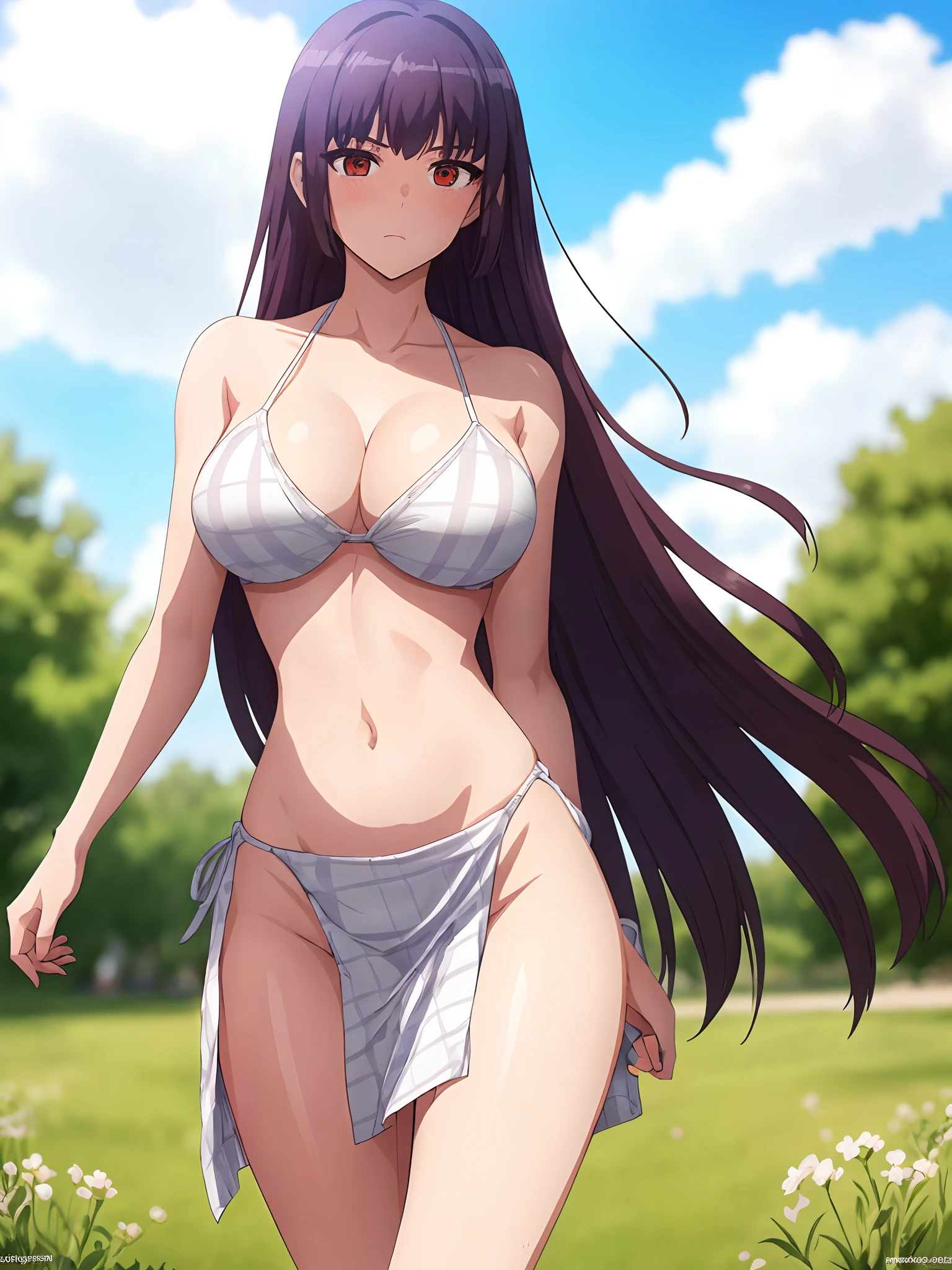 GIRL, (Masterpiece: 1.1), (Best Quality: 1.1), Upper Body Bikini, (White Bikini: 1.1), (Plaid Skirt: 1.1), High Waist Skirt, Blake [Green Grass: Pink, :0.5] Themed, (Urban Background: 1.1), Denim Lenses, Blake Silver, Long, Green Eye, Landscape, facing sideways