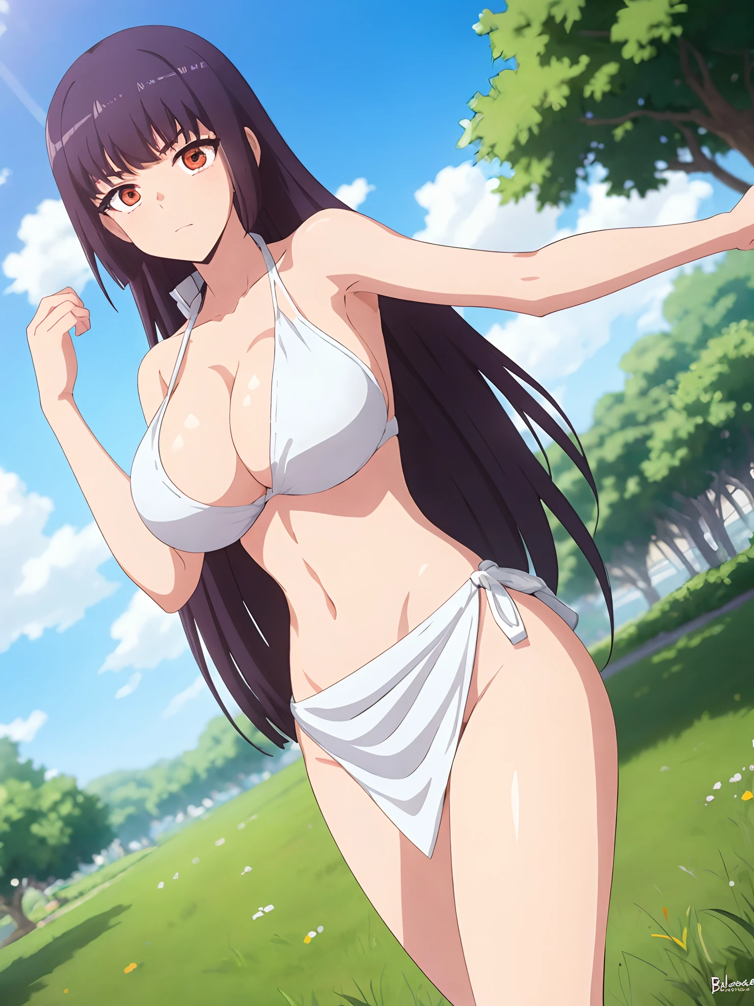 GIRL, (Masterpiece: 1.1), (Best Quality: 1.1), Upper Body Bikini, (White Bikini: 1.1), (Plaid Skirt: 1.1), High Waist Skirt, Blake [Green Grass: Pink, :0.5] Themed, (Urban Background: 1.1), Denim Lenses, Blake Silver, Long, Green Eye, Landscape, facing sideways