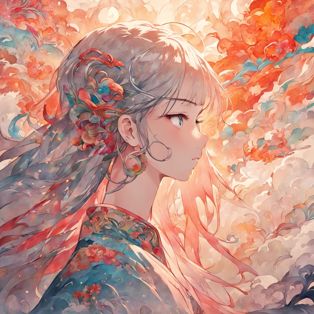 (White background:1.4),(Silhouette of a girl's head, Eyes closed, colorfull long hair, Oriental elements),(Chinese illustration:1.3,paper art:1.3, Quilted paper art:1.2),( reasonable design, Clear lines, High sharpness,Best quality, Very detailed, Masterpiece, movie light effect, 4K )