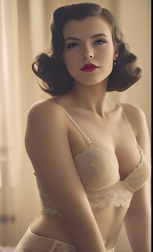 Woman in lingerie posing for a picture in a room, beautiful soft lighting, Sanfter Vintage-Glanz, Beautiful, weiches Licht, Retro and ethereal, sinnliche Frau, zarte, weiche, dunstige Beleuchtung, sultry and beckoning, blasse, beautiful skin, lingerie, inspiriert von Elsa Bleda, reizende frau, boudoir, glatte, blasse Haut, Beautifully softly lit, beautiful female body