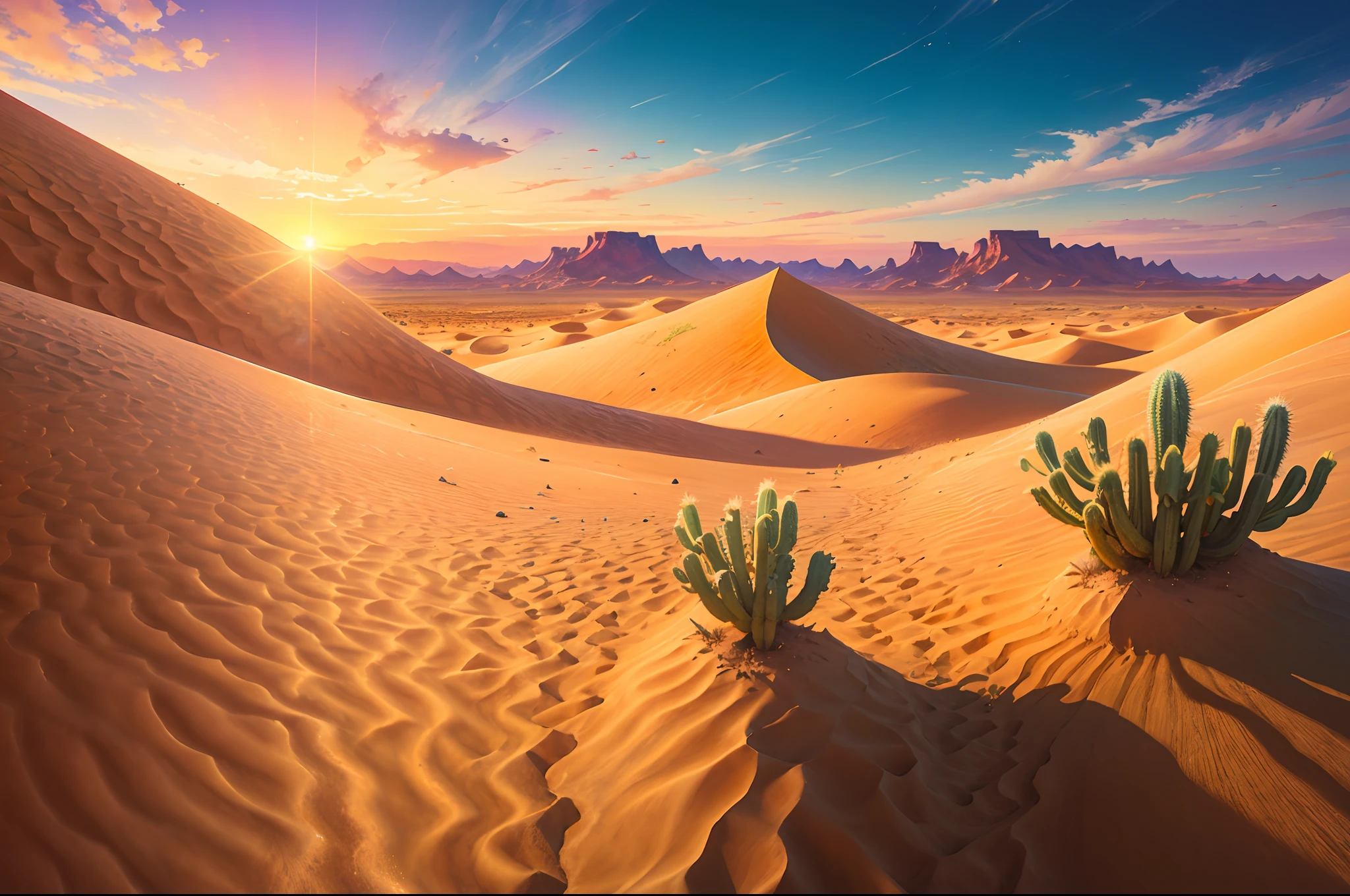 Endless desert、sand dune，Tenacious cactus，Close-up Shot Shot，Desert oasis， It represents the eternity of life，sunset in the desert,Colorful sunset，the watercolor style，Illustration style，Concept art wallpaper 8K, detailed 8k concept art, of the highest quality，ultra-detailliert，
