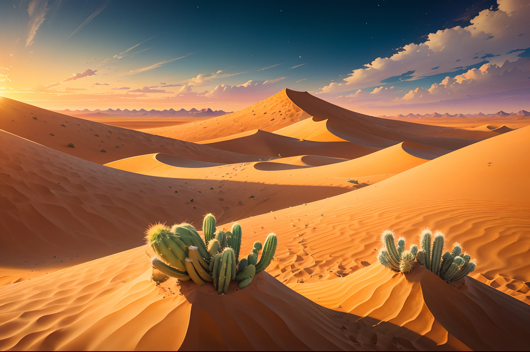 Endless desert、sand dune，Tenacious cactus，Close-up Shot Shot，Desert oasis， It represents the eternity of life，sunset in the desert,Colorful sunset，Thick painting style，Illustration style，Concept art wallpaper 8K, detailed 8k concept art, of the highest quality，ultra-detailliert，