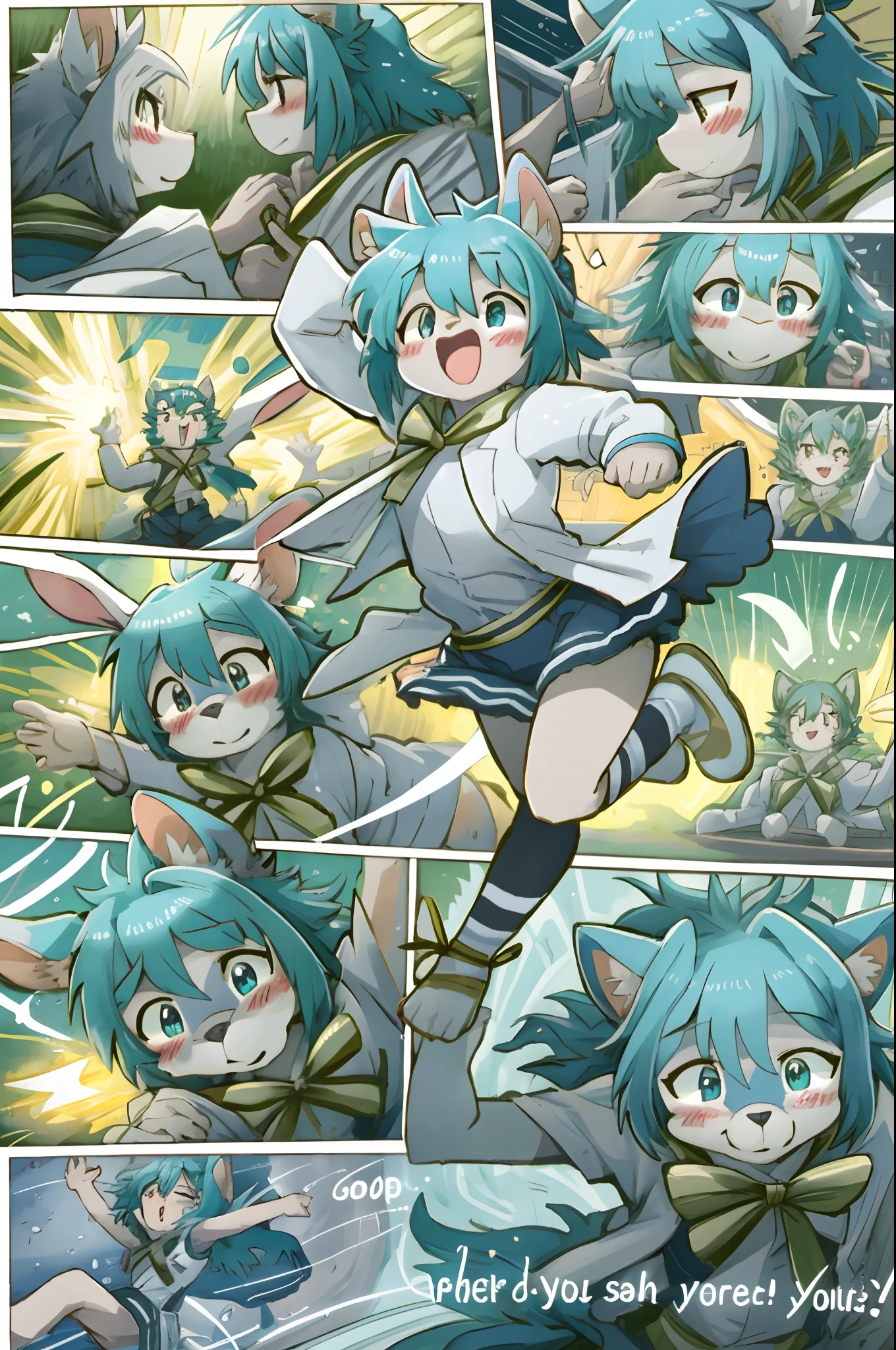 top quality, best quality, highres, masterpiece, super high resolution, detailed background(super cute rabit)audition scenes for the movie "Flashdance", dancing, flowing colorful ribbon, jumping, joyful smile, 6+boys, 6+girls, absurdres(highly detailed beautiful face and eyes)perfect anatomy, good lighting, cinematic shadow(kemono, furry anthro)assorted expressions, assorted poses, assorted angles, full body, upper shot, dynamic angle(girls comic-like panel layouts, speech balloon, English text, Hand-drawn sound effects stickers used in girls comic),