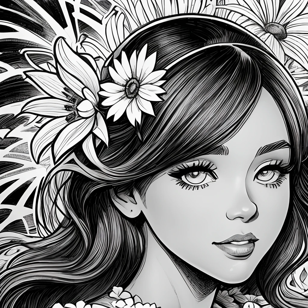 Black and white stick figure 1 girl with sun flowers in background, loli in dress with flowers, its fine ink line art, comic style, portrait of polynesian girl, Marilyn Munroe, Hollywood glam, beautiful line art, black and white comic style, manga style, manga art style, pencil and ink caricature drawing, black and white coloring --auto --s2