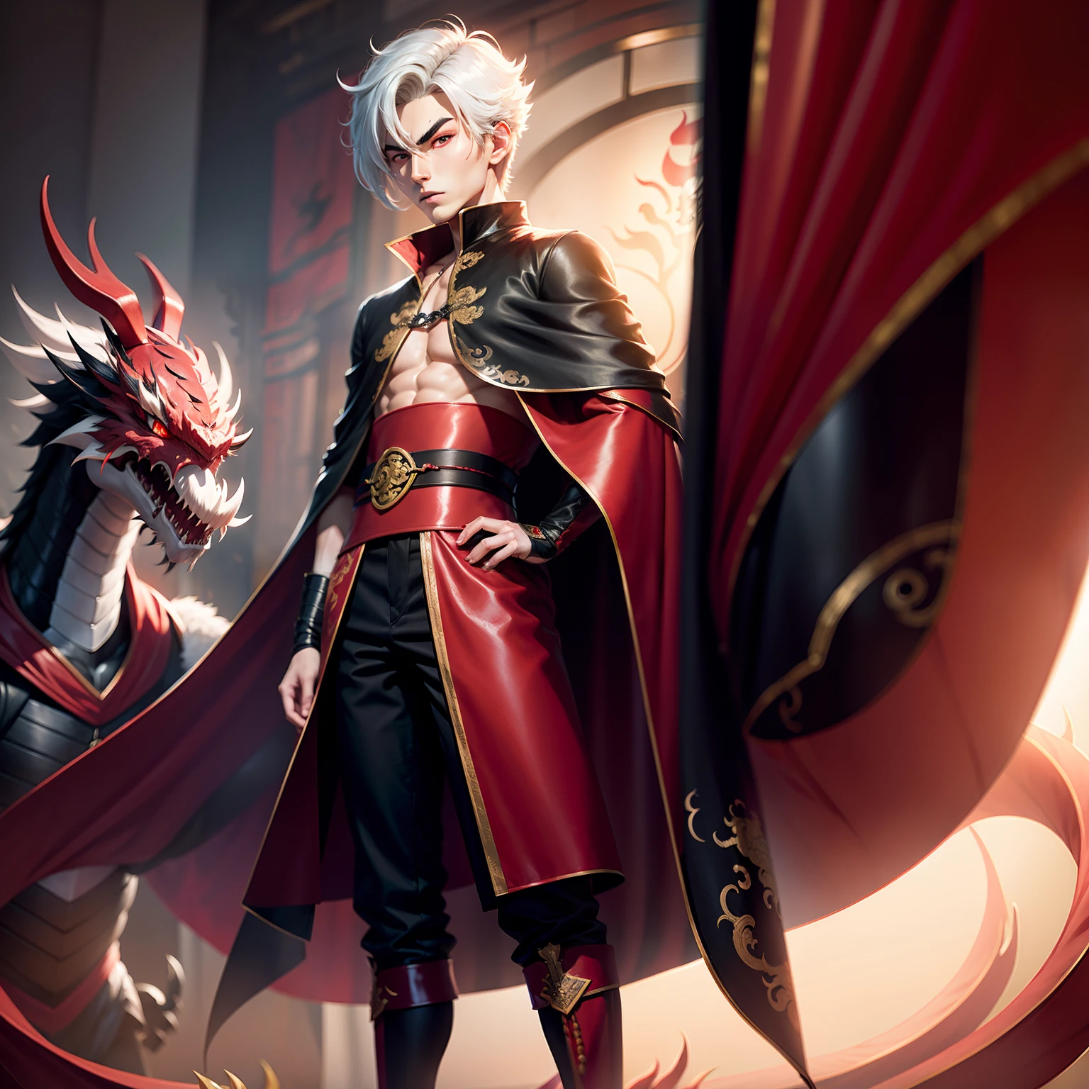 brunette color hair，Short-haired teenager with red eyes，Wearing a black cape，Behind him is a huge Chinese dragon，Two-dimensional painting style，Facing the lens，Full body like，The appearance is more neutral，Similar to Kiriya and people